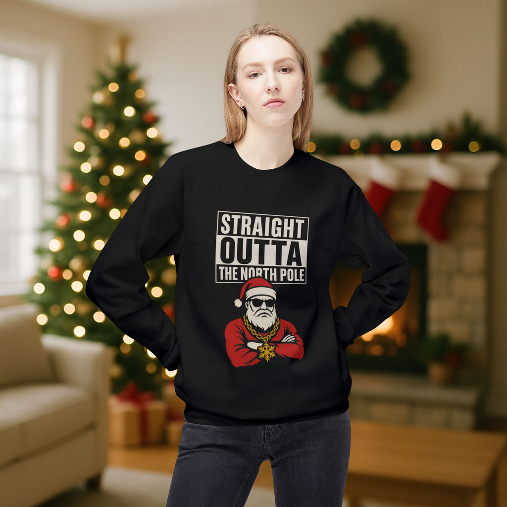 Straight Outta The North Pole Gangsta Santa Christmas Sweatshirt – Funny Holiday Graphic, Street Style Santa, Hip Hop Christmas Crewneck