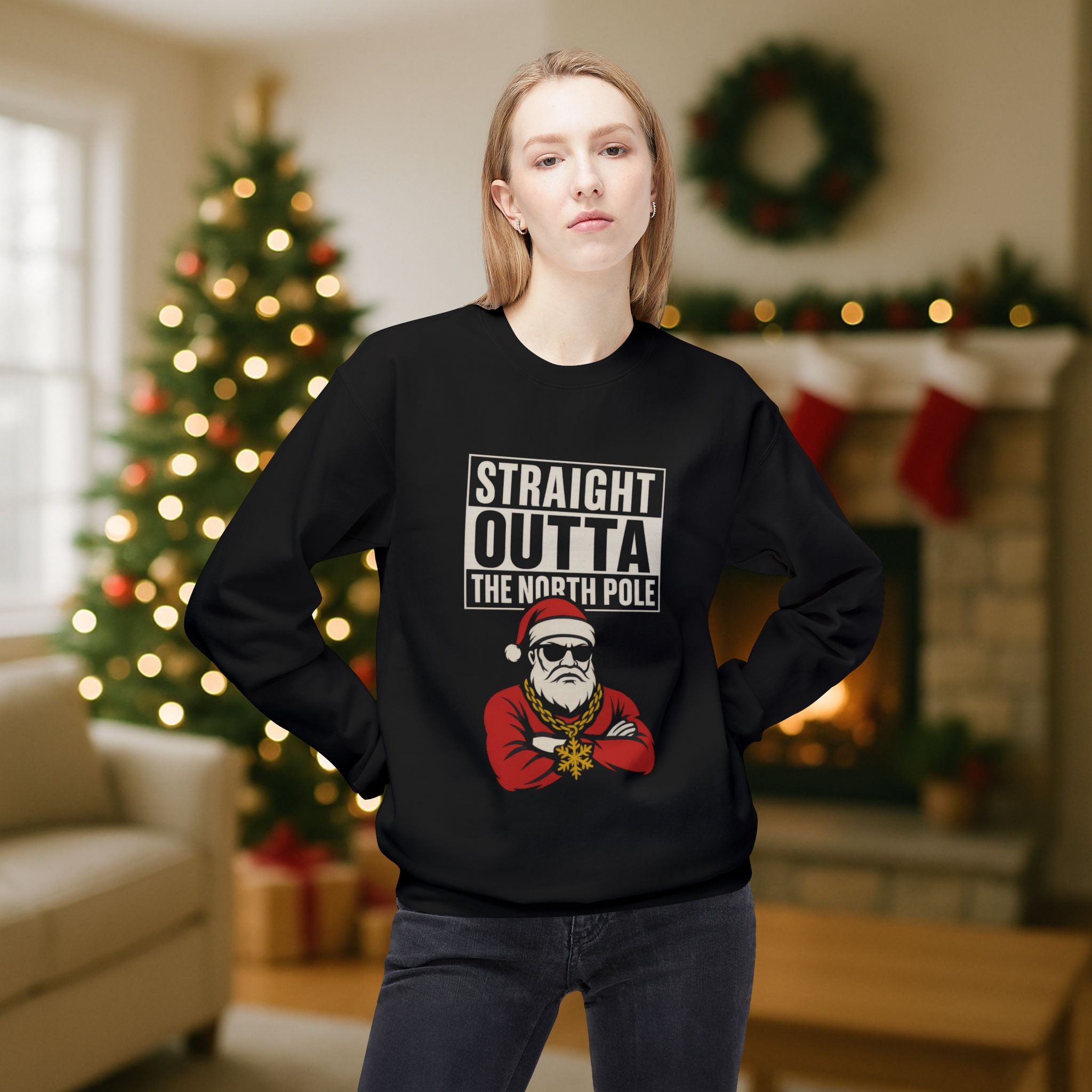 Straight Outta The North Pole Gangsta Santa Christmas Sweatshirt – Funny Holiday Graphic, Street Style Santa, Hip Hop Christmas Crewneck
