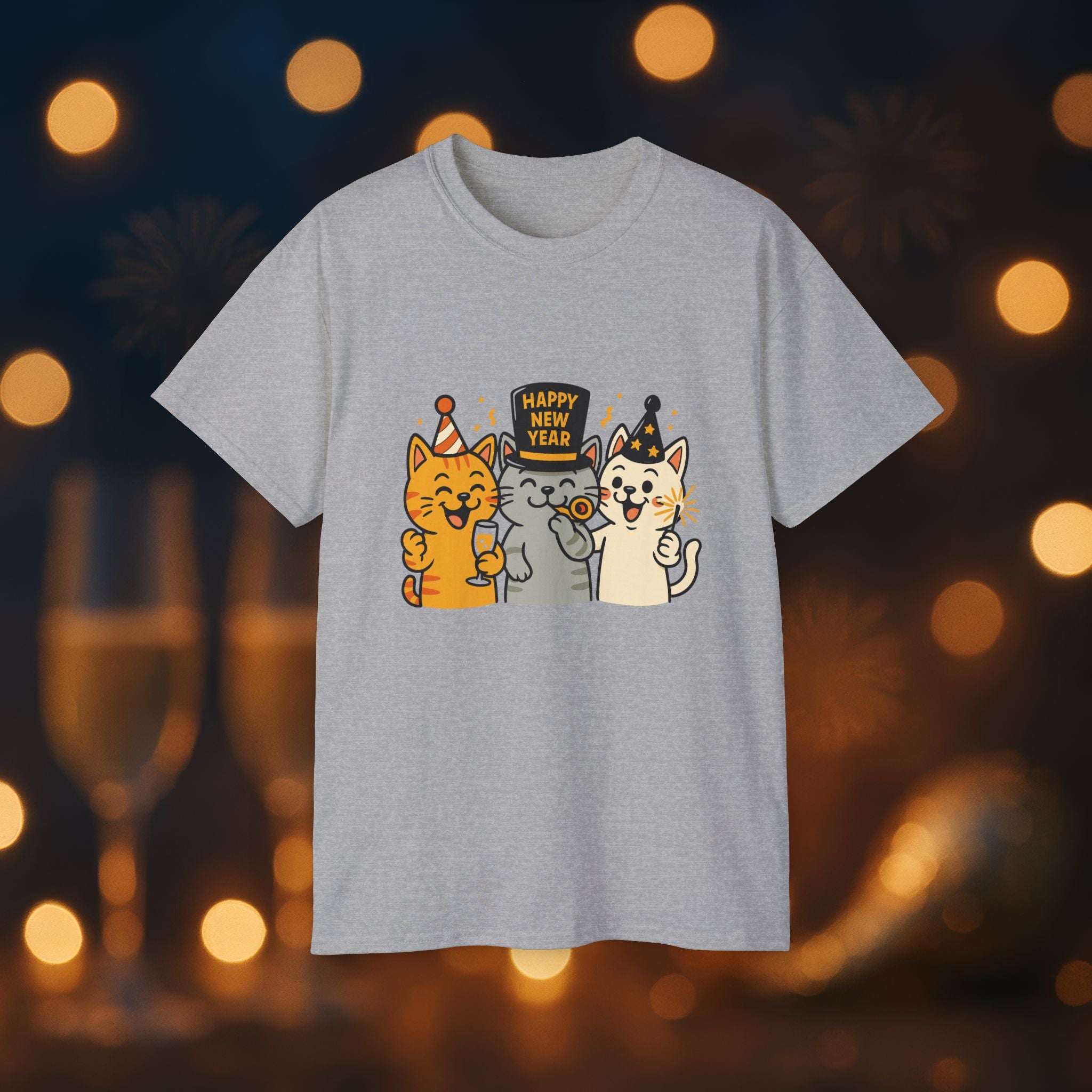 Happy New Year Cats T-Shirt – Cute Party Cats Tee | New Year’s Eve Cat Lover Shirt