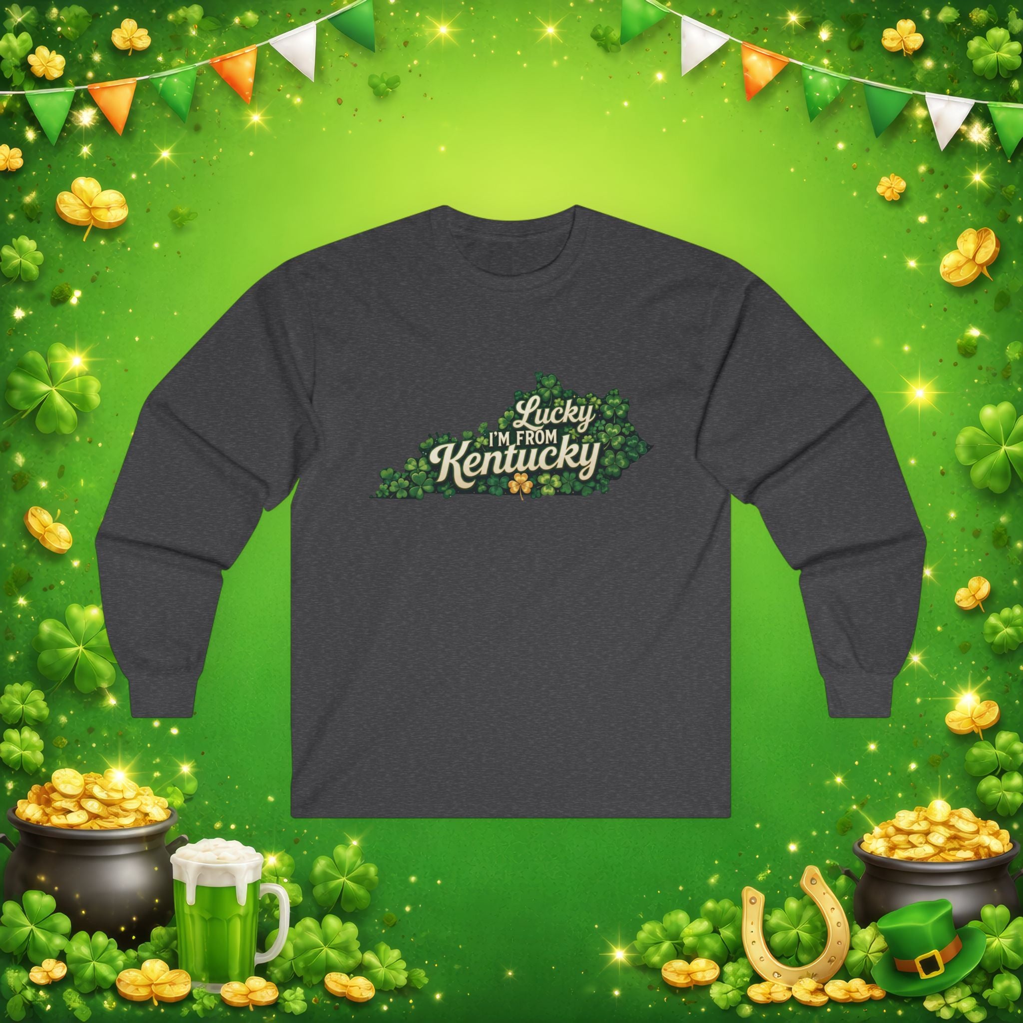 Lucky I’m From Kentucky Long Sleeve Shirt – St. Patrick’s Day Shamrock Kentucky Outline Tee – Irish Bluegrass Pride