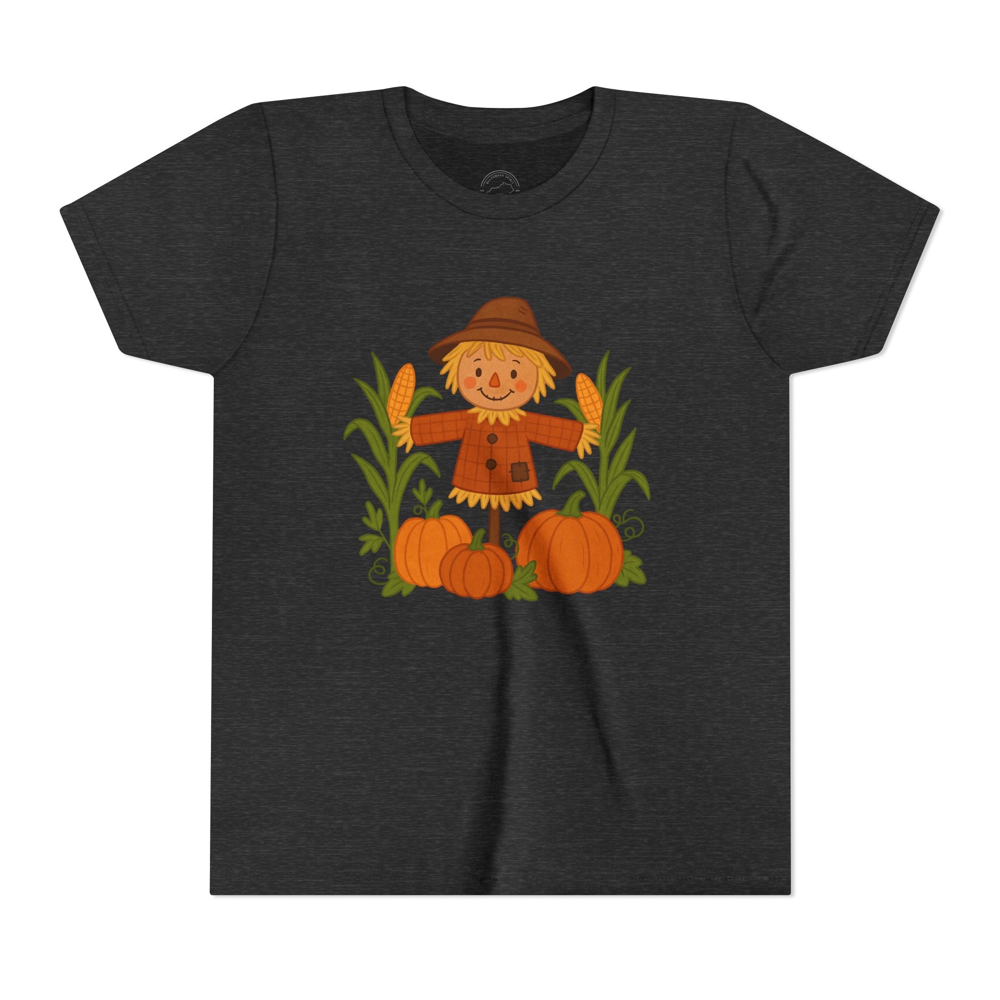 🍂 Cute Fall Scarecrow Kids T-Shirt – Autumn Pumpkins & Corn Patch Design