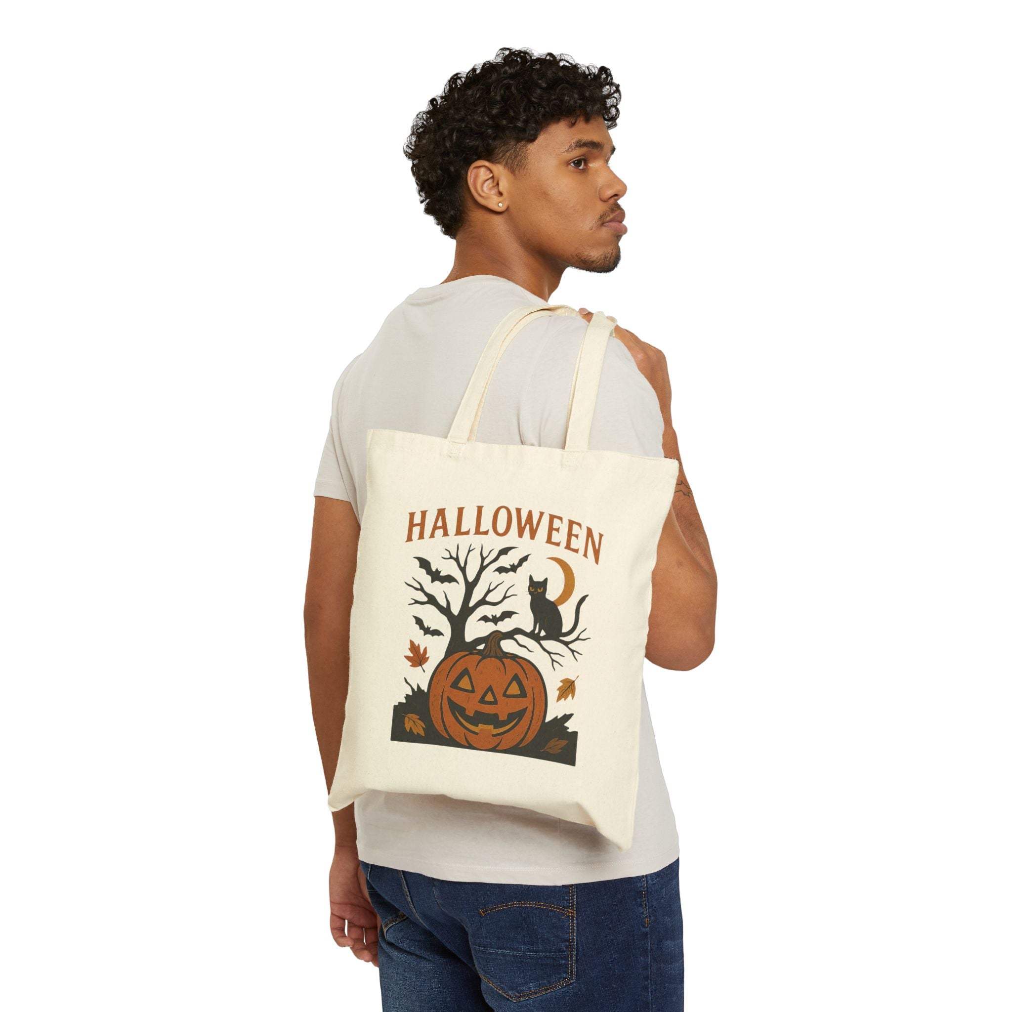 Halloween Pumpkin & Black Cat Canvas Tote Bag – Spooky Fall Trick-or-Treat Bag