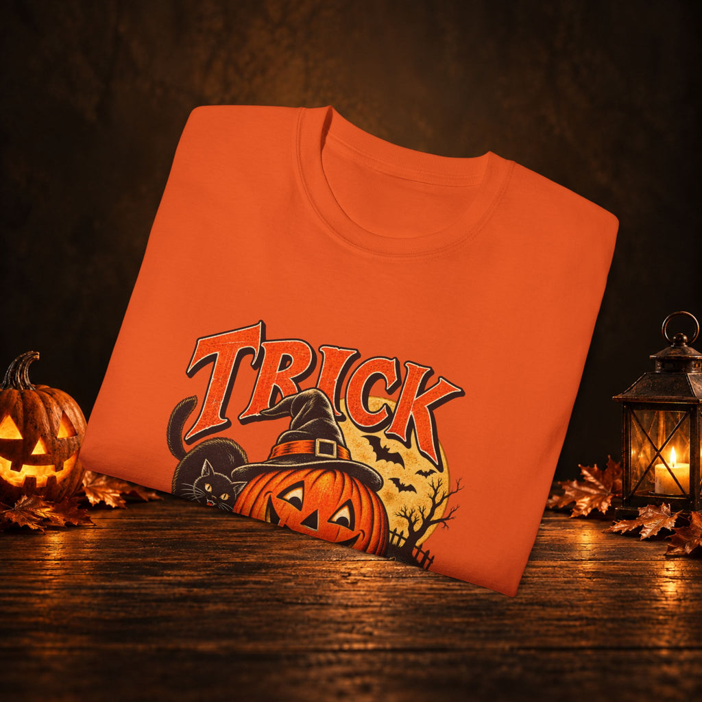 Trick or Treat Halloween T-Shirt – Pumpkin, Black Cat & Full Moon Tee