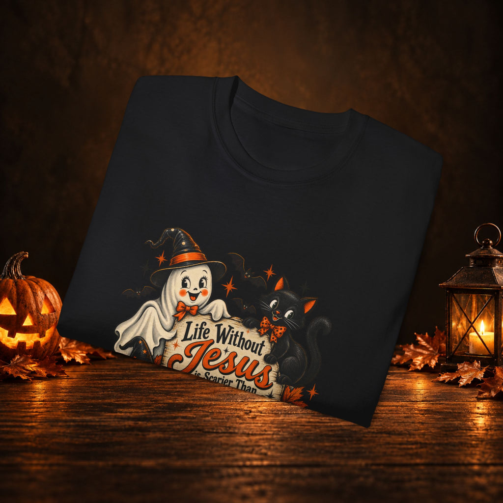 Halloween Christian T-Shirt — “Life Without Jesus Is Scary” Pumpkin & Cat Tee