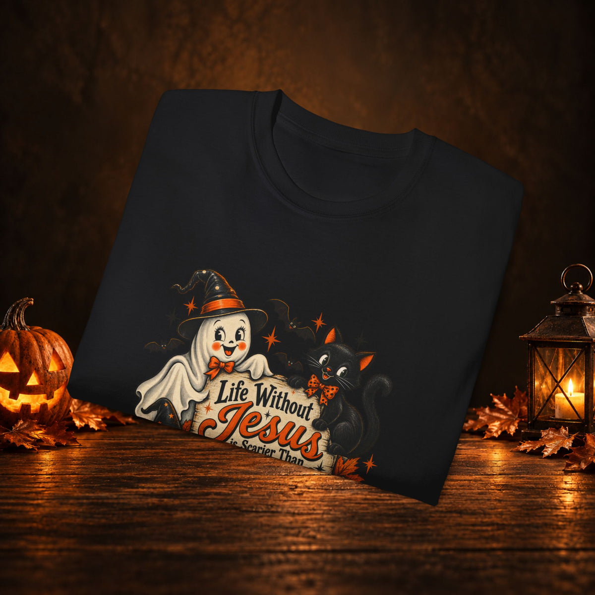 Halloween Christian T-Shirt — “Life Without Jesus Is Scary” Pumpkin & Cat Tee