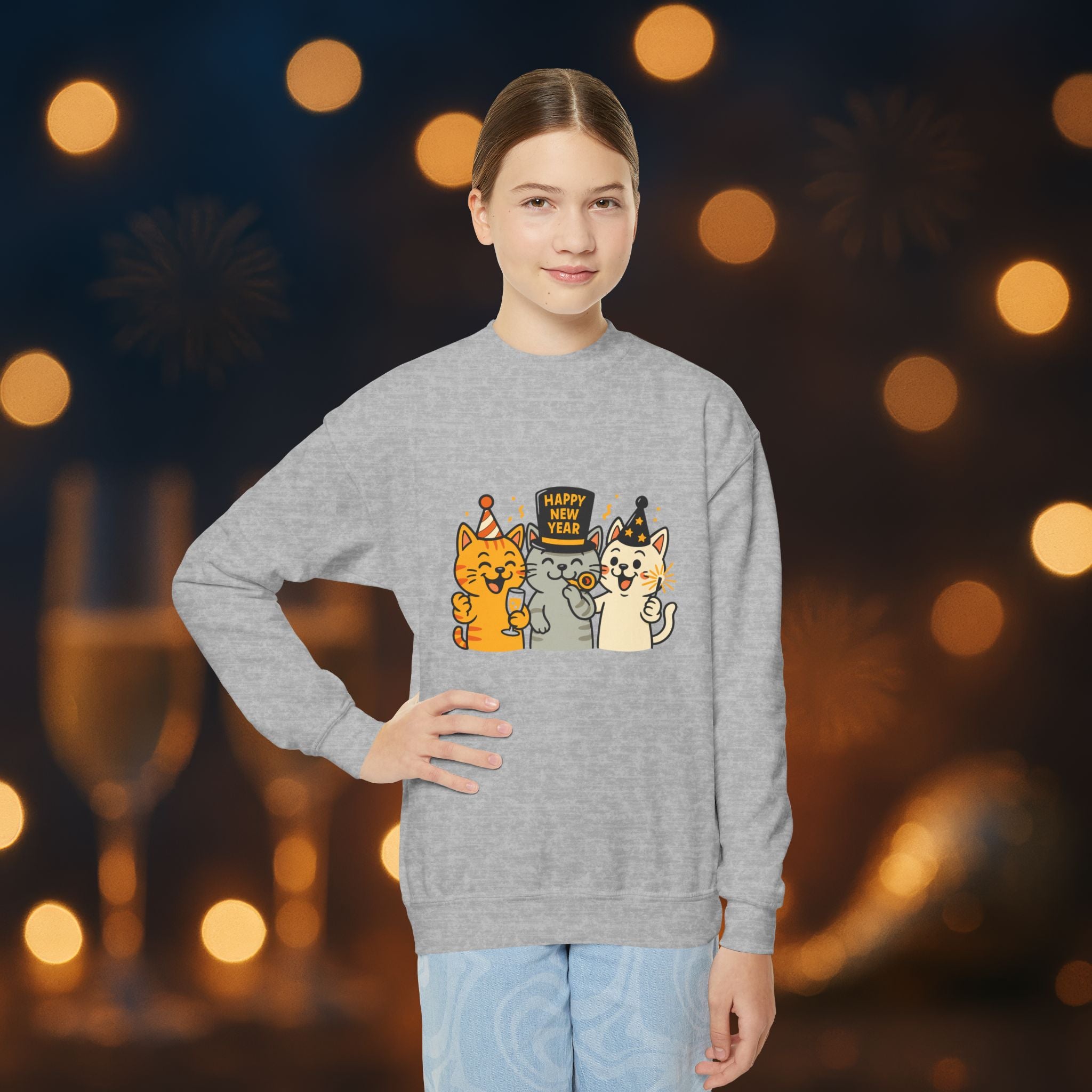Happy New Year Cats Youth Crewneck Sweatshirt – Cute Party Cats Sweatshirt for Kids