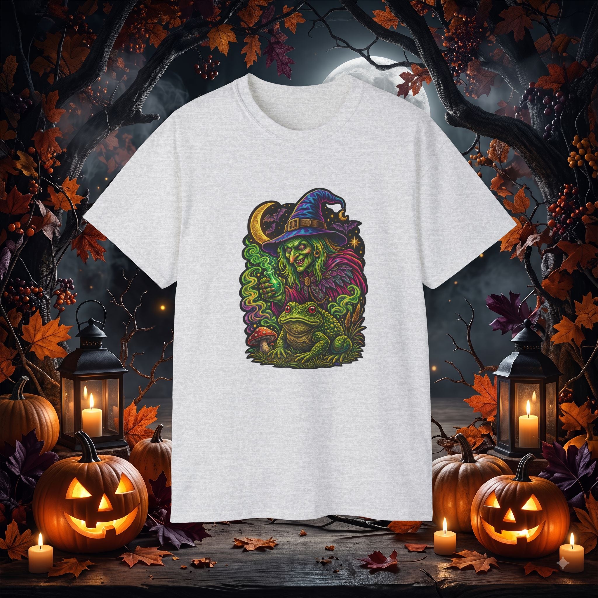 Neon Witch & Toad Halloween T-Shirt | Spooky Witchcraft Tee