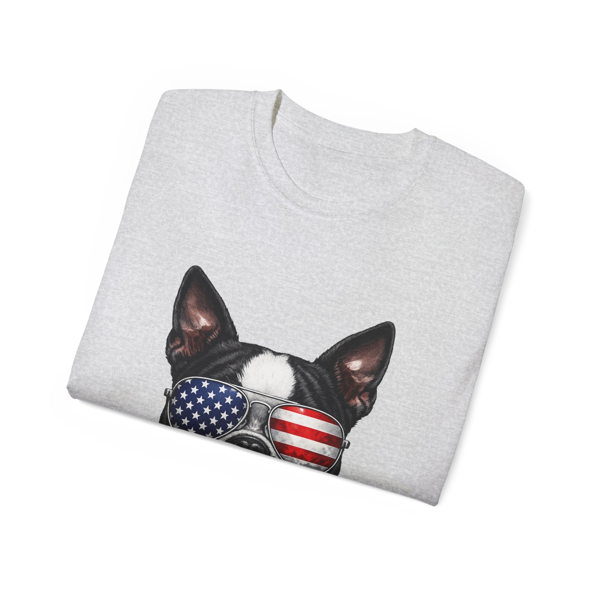 Patriotic Boston Terrier 4th of July T-Shirt | American Flag Dog Sunglasses Tee