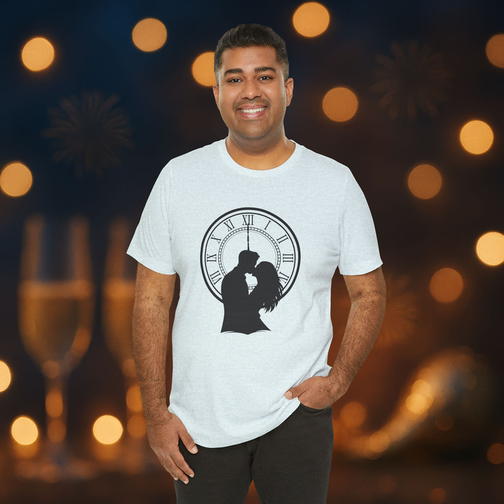 Midnight Kiss New Year’s Eve T-Shirt – Romantic Clock Silhouette Celebration Tee