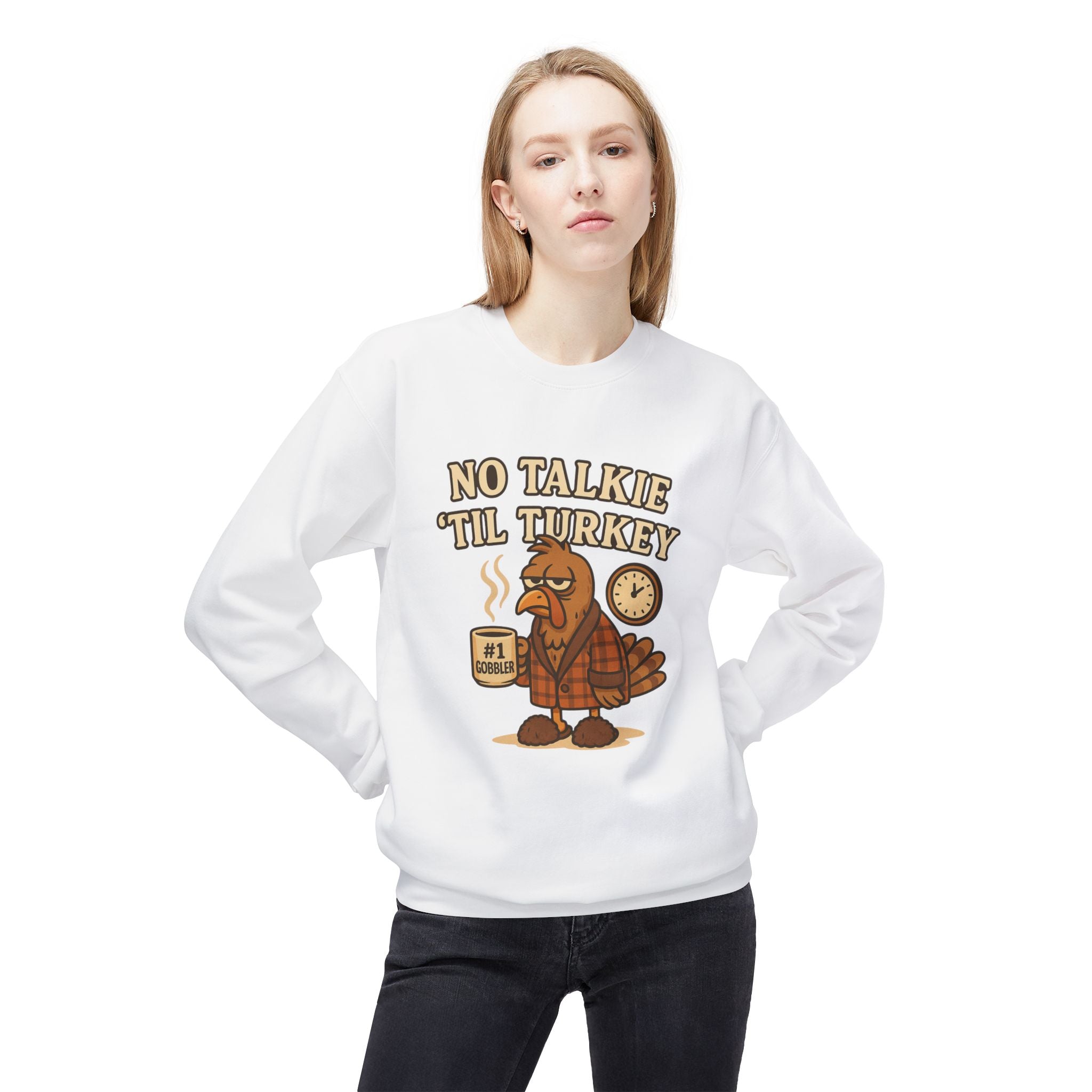 “No Talkie ‘Til Turkey” Funny Thanksgiving Coffee Sweatshirt
