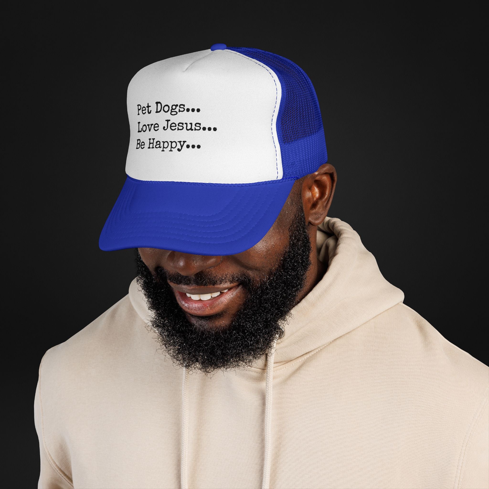 Pet Dogs Love Jesus Be Happy Trucker Hat – Christian Dog Lover Faith Hat