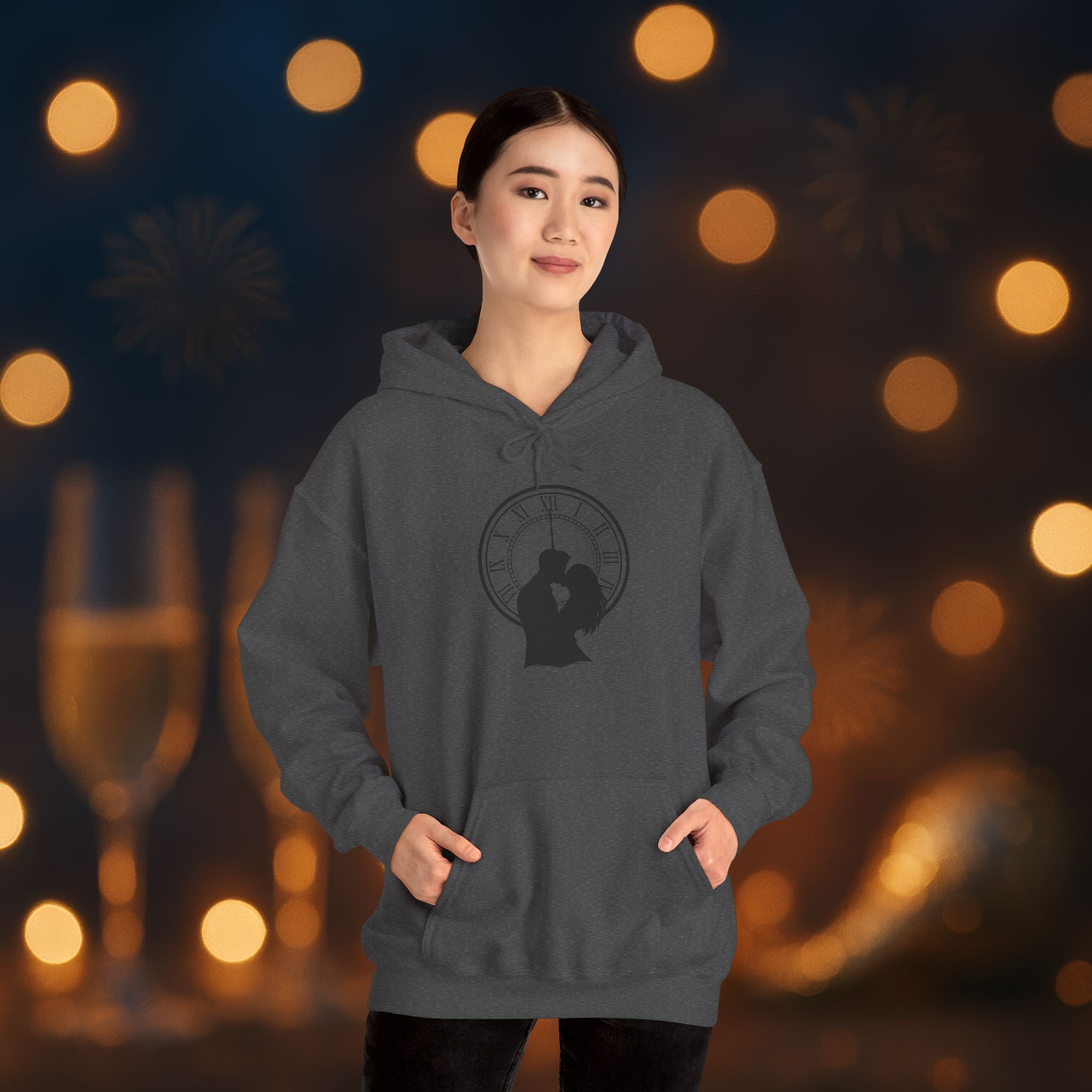 Midnight Kiss New Year’s Eve Hoodie – Romantic Clock Silhouette Pullover
