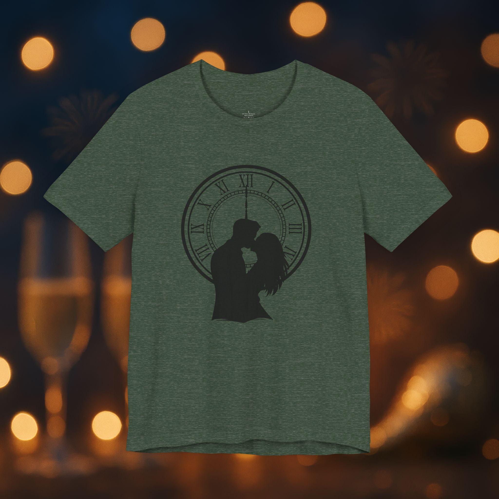Midnight Kiss New Year’s Eve T-Shirt – Romantic Clock Silhouette Celebration Tee