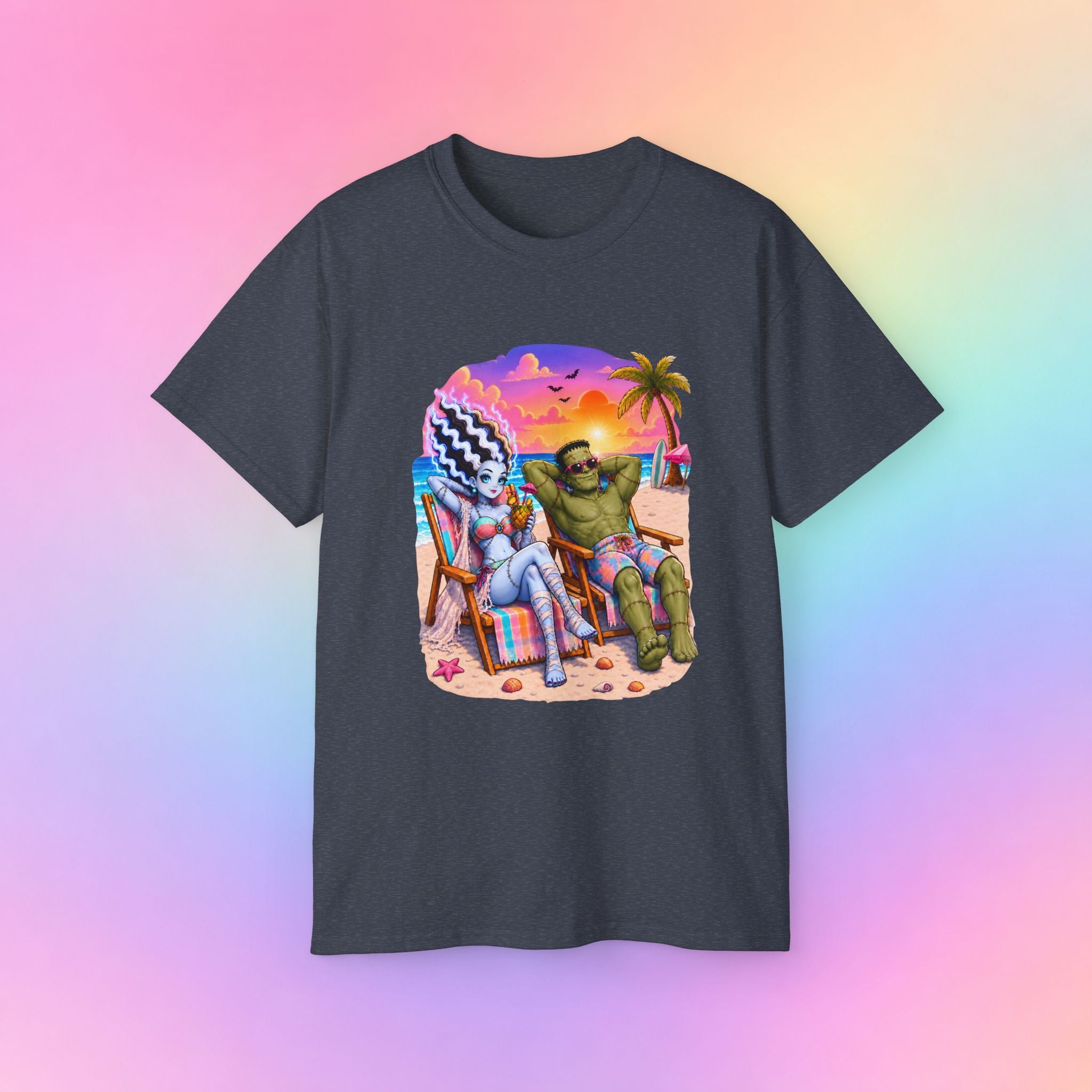 Summerween Monster Beach Couple Shirt | Spooky Summer Halloween Tropical Design