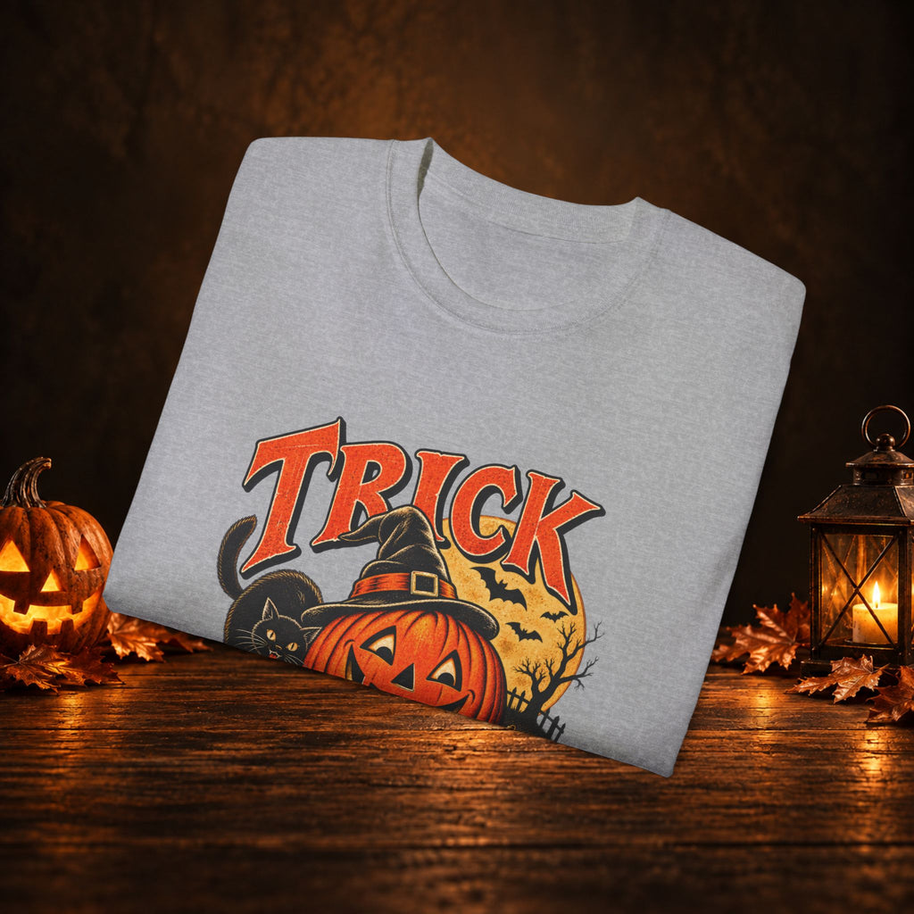 Trick or Treat Halloween T-Shirt – Pumpkin, Black Cat & Full Moon Tee