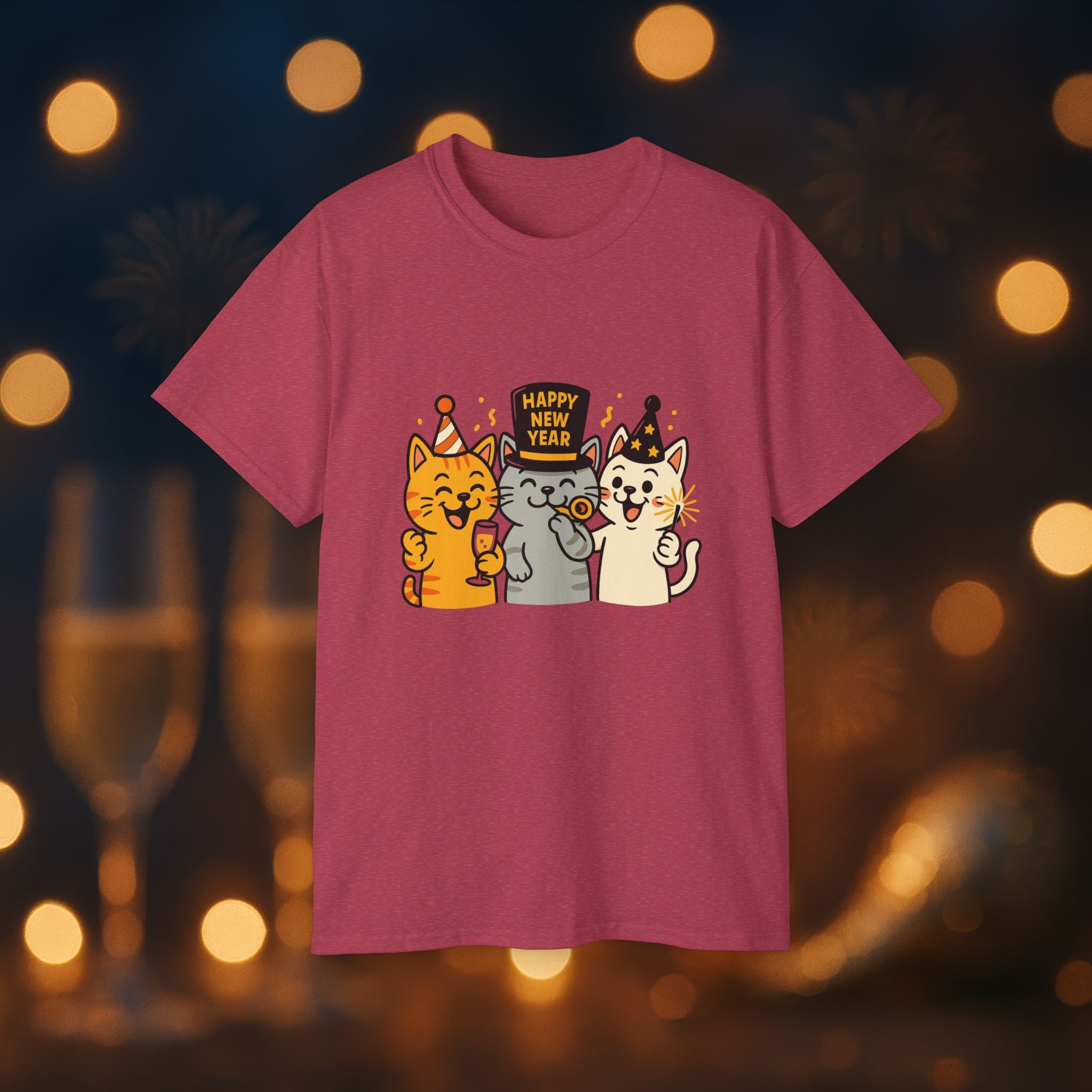 Happy New Year Cats T-Shirt – Cute Party Cats Tee | New Year’s Eve Cat Lover Shirt