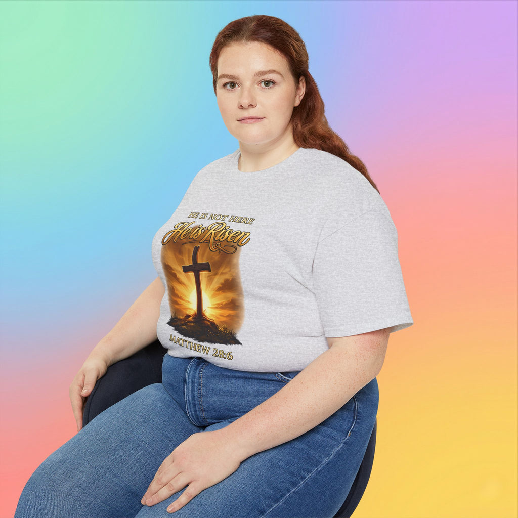 Christian Easter Shirt – He Is Risen Matthew 28:6 Cross Resurrection T-Shirt Faith-Based Easter Apparel
