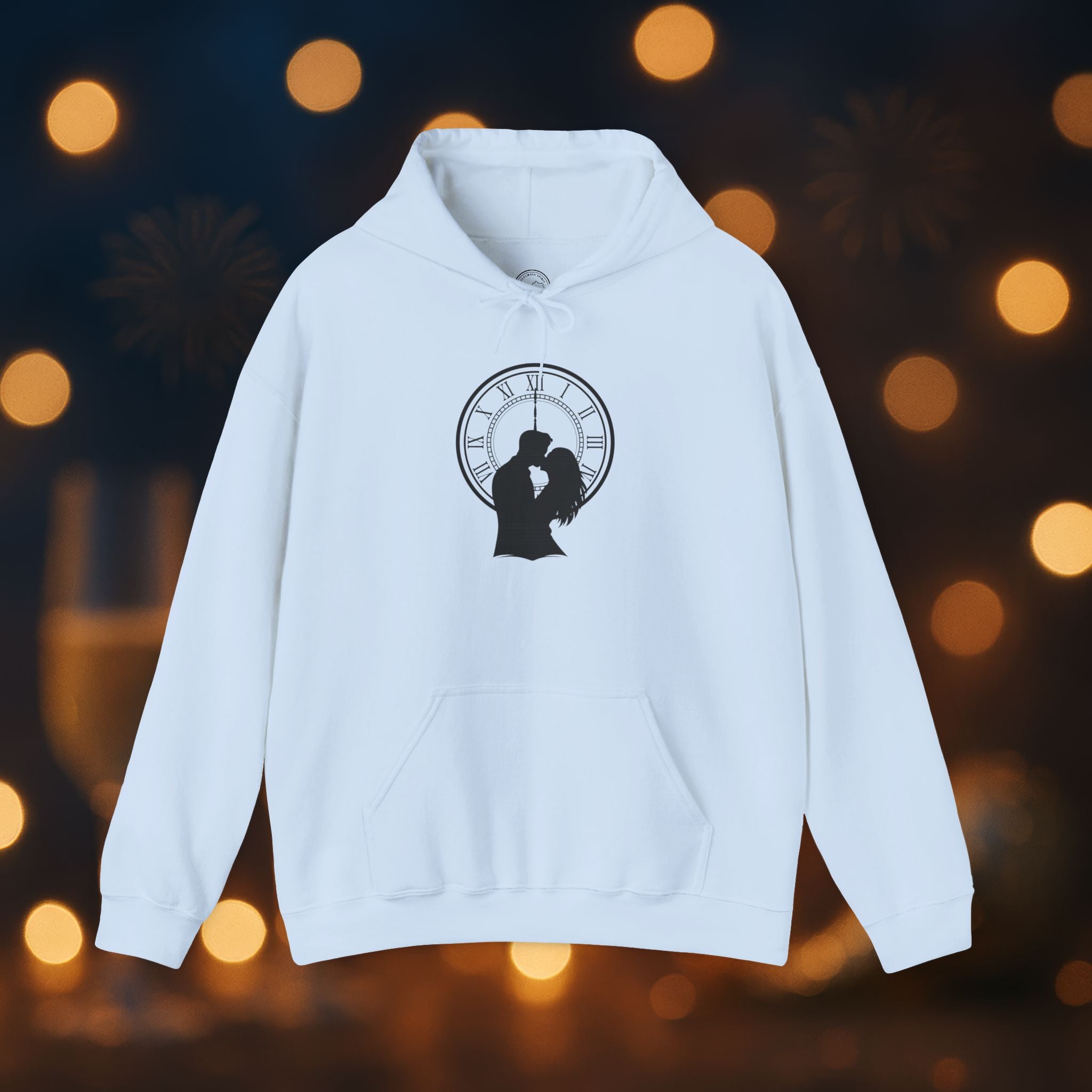 Midnight Kiss New Year’s Eve Hoodie – Romantic Clock Silhouette Pullover