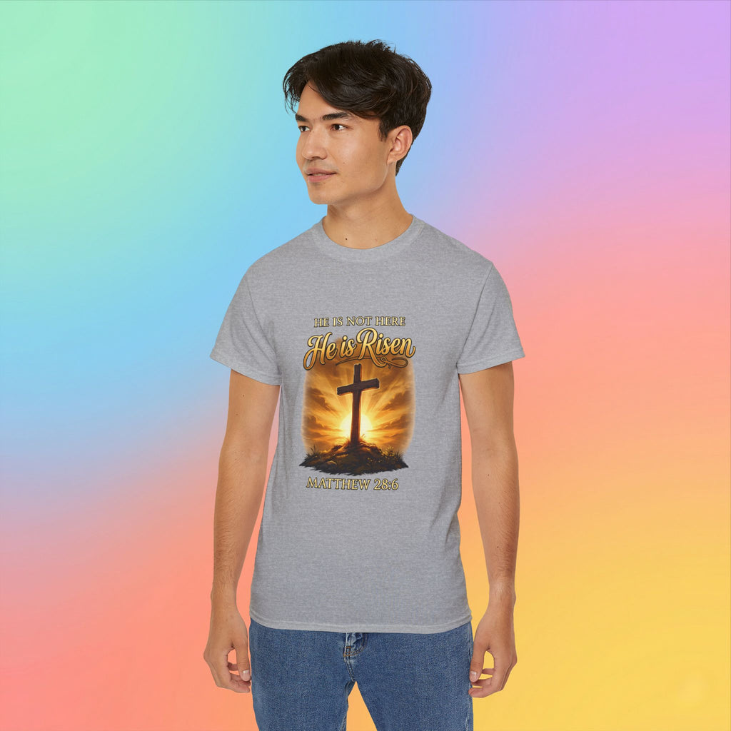 Christian Easter Shirt – He Is Risen Matthew 28:6 Cross Resurrection T-Shirt Faith-Based Easter Apparel