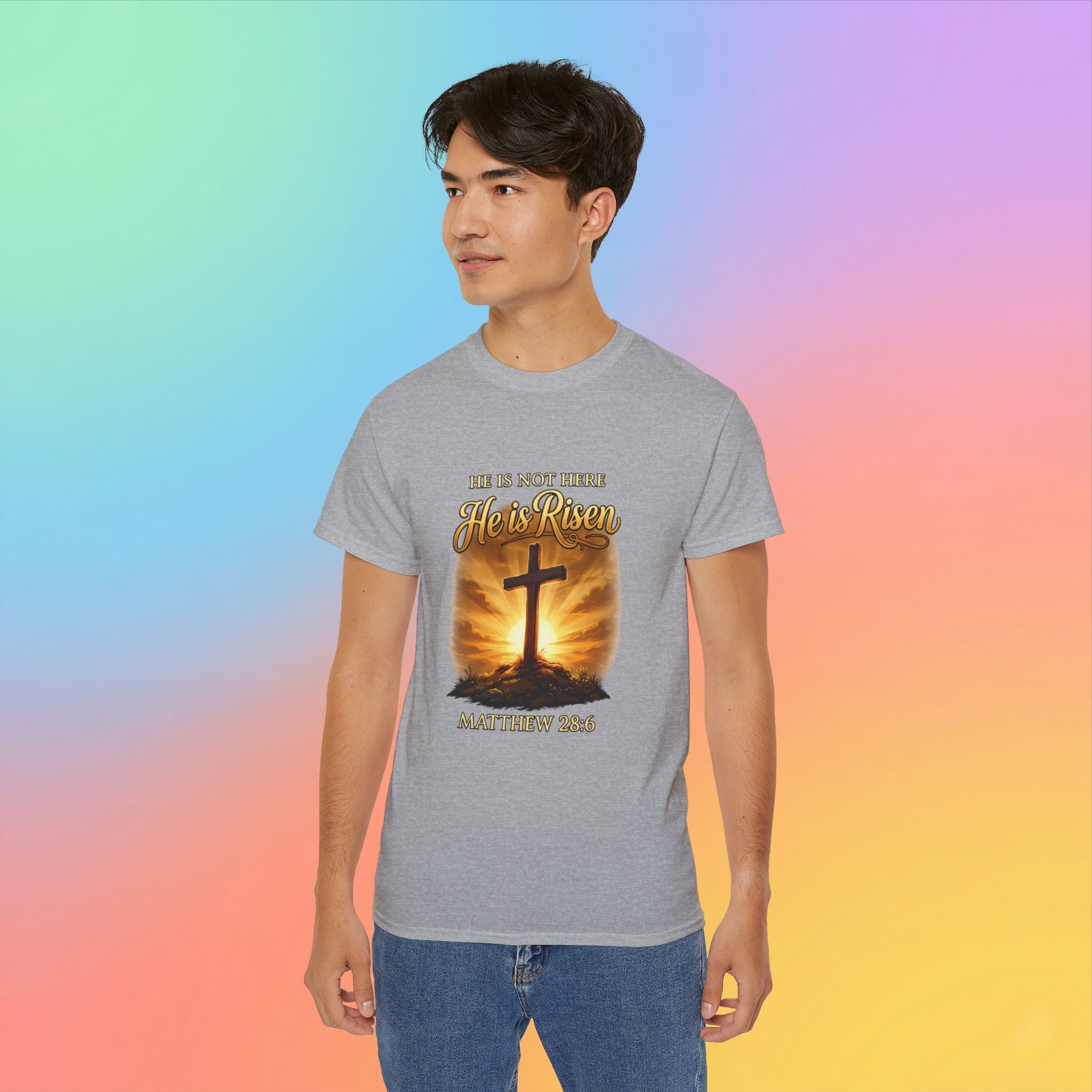 Christian Easter Shirt – He Is Risen Matthew 28:6 Cross Resurrection T-Shirt Faith-Based Easter Apparel