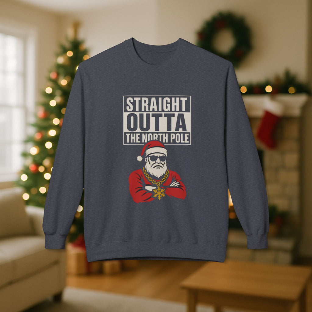 Straight Outta The North Pole Gangsta Santa Christmas Sweatshirt – Funny Holiday Graphic, Street Style Santa, Hip Hop Christmas Crewneck