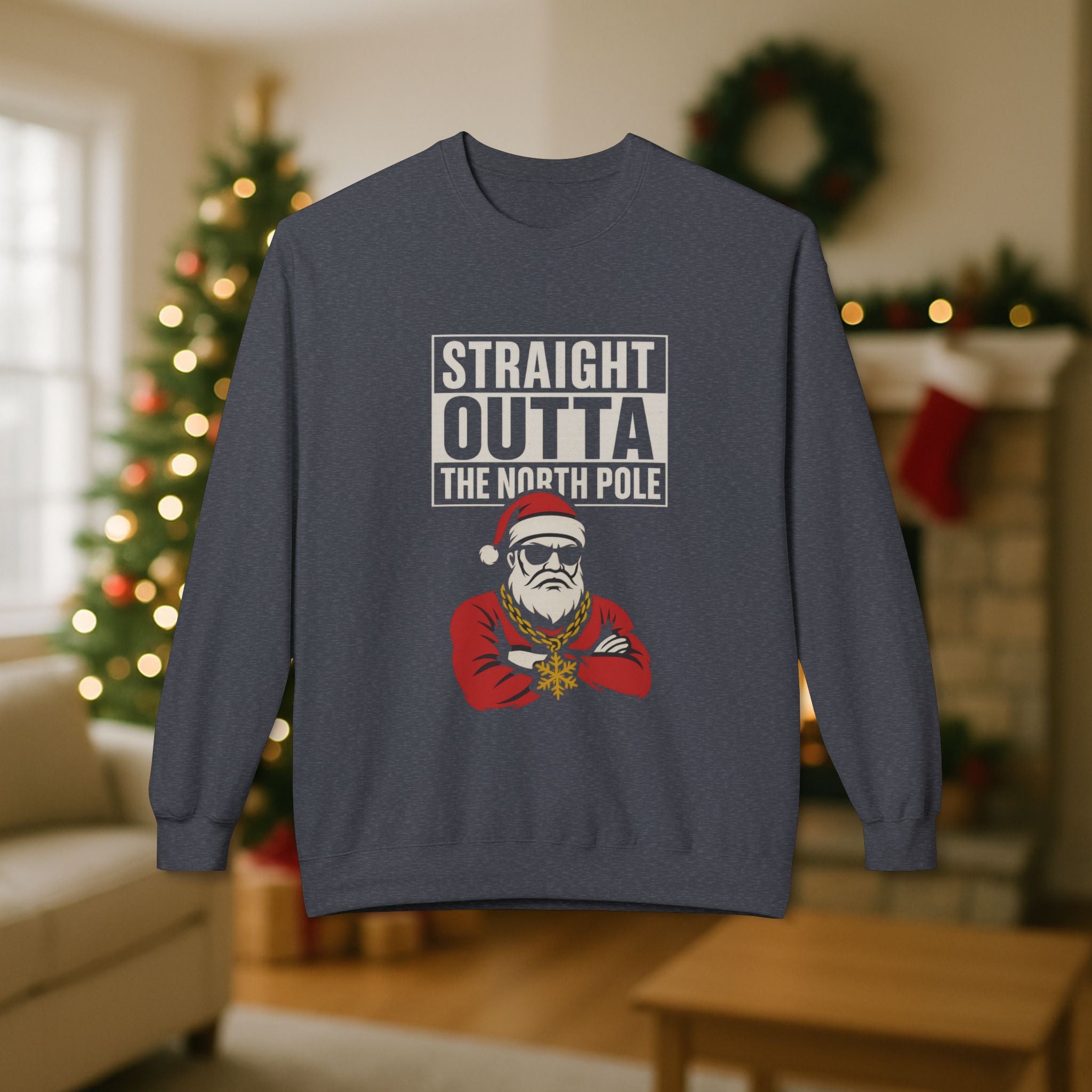 Straight Outta The North Pole Gangsta Santa Christmas Sweatshirt – Funny Holiday Graphic, Street Style Santa, Hip Hop Christmas Crewneck