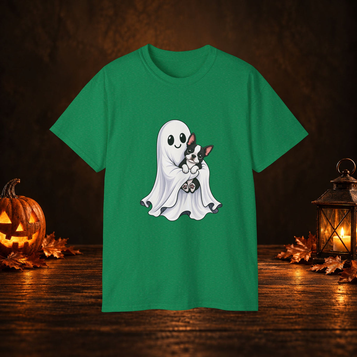 Cute Ghost & Boston Terrier Halloween T‑Shirt