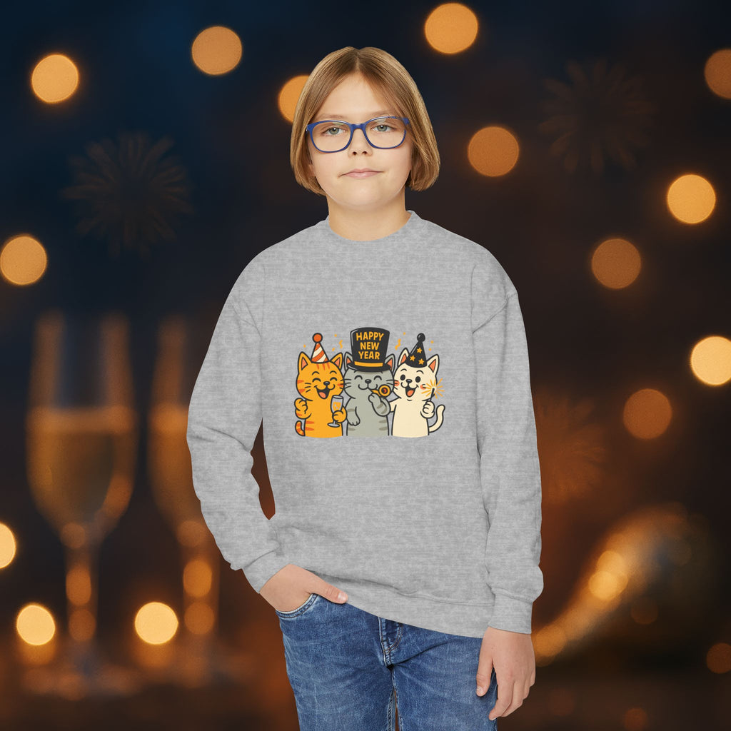 Happy New Year Cats Youth Crewneck Sweatshirt – Cute Party Cats Sweatshirt for Kids