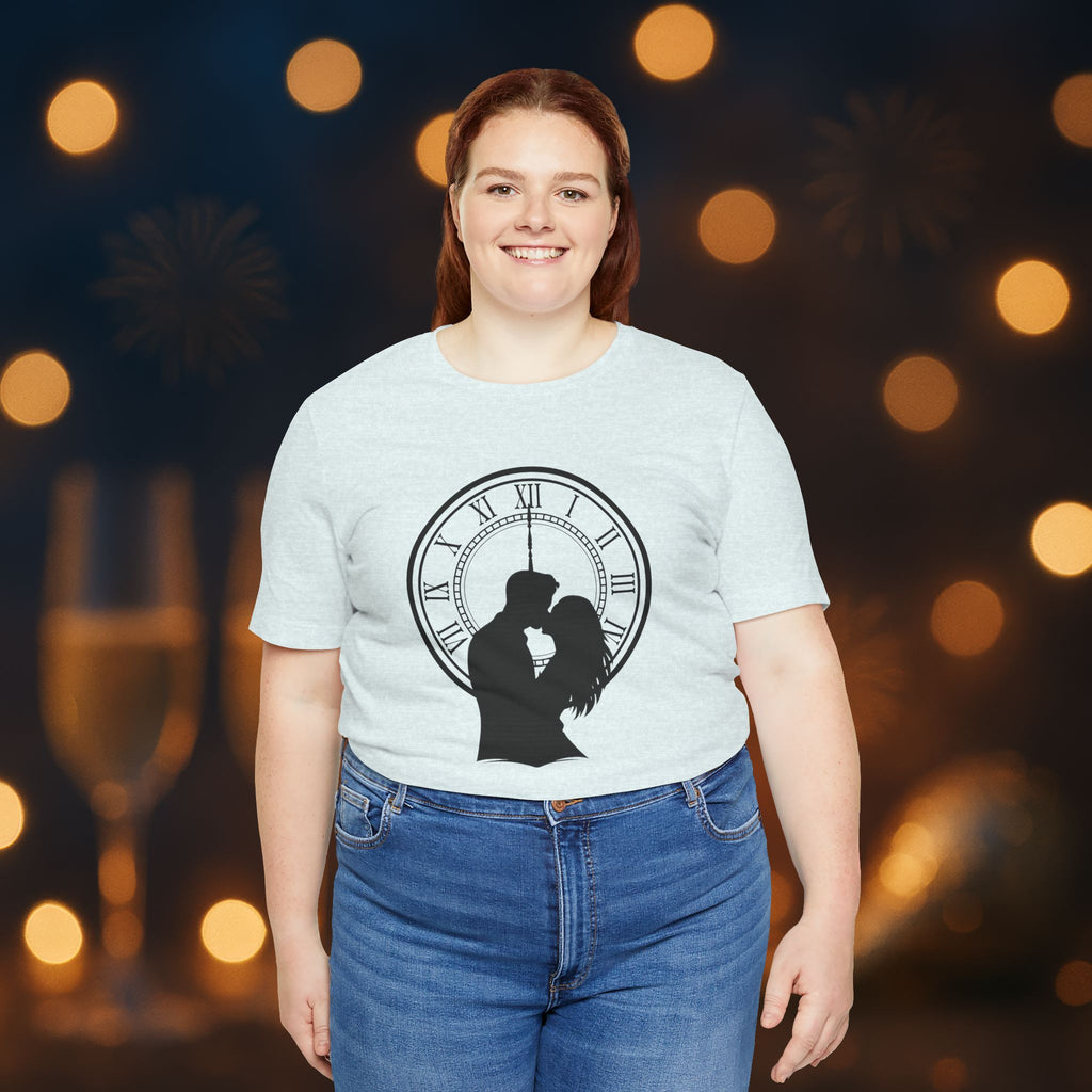 Midnight Kiss New Year’s Eve T-Shirt – Romantic Clock Silhouette Celebration Tee