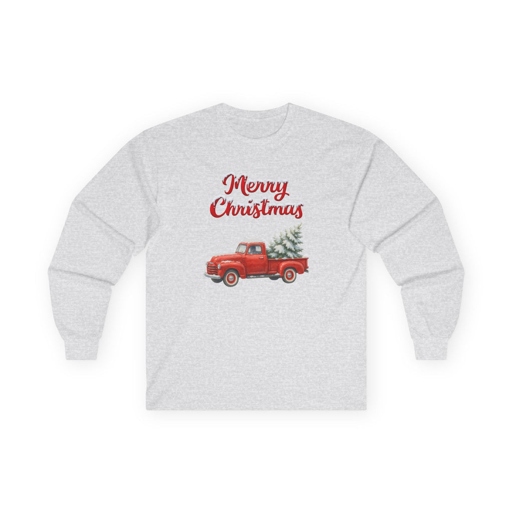 Merry Christmas Red Vintage Truck Long Sleeve T-Shirt – Classic Holiday Graphic Tee with Christmas Trees