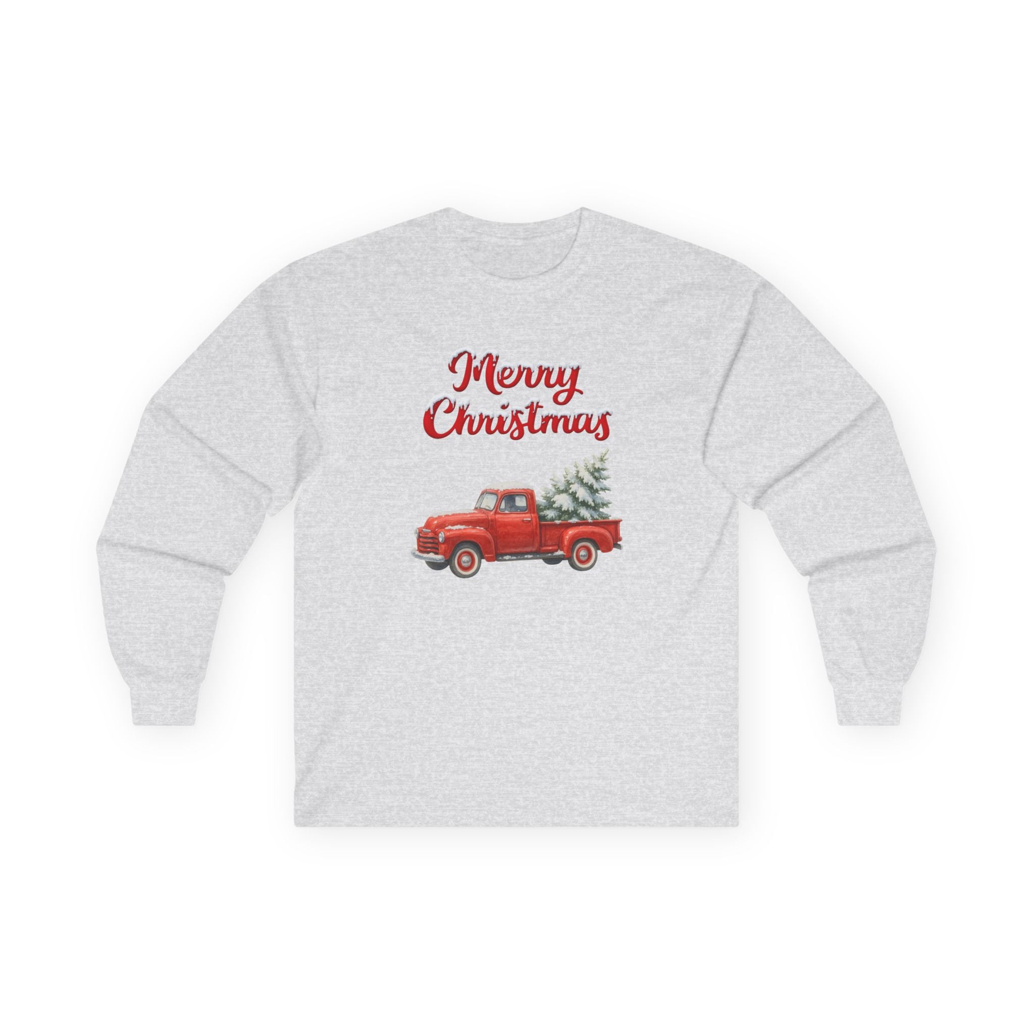 Merry Christmas Red Vintage Truck Long Sleeve T-Shirt – Classic Holiday Graphic Tee with Christmas Trees