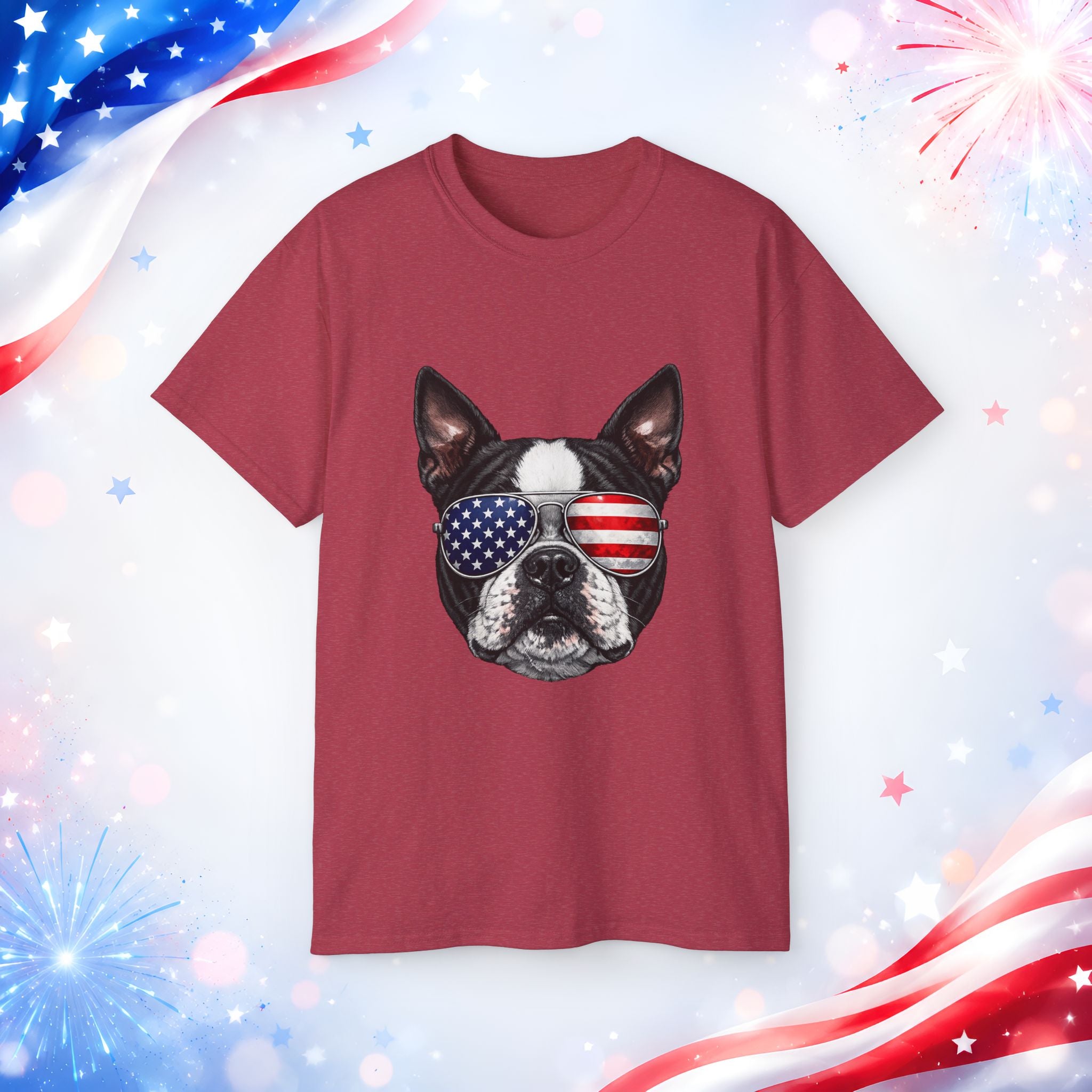 Patriotic Boston Terrier 4th of July T-Shirt | American Flag Dog Sunglasses Tee