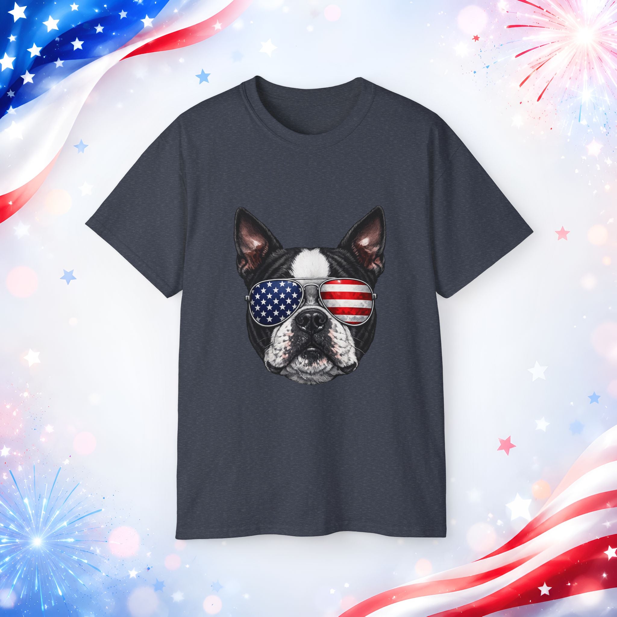 Patriotic Boston Terrier 4th of July T-Shirt | American Flag Dog Sunglasses Tee