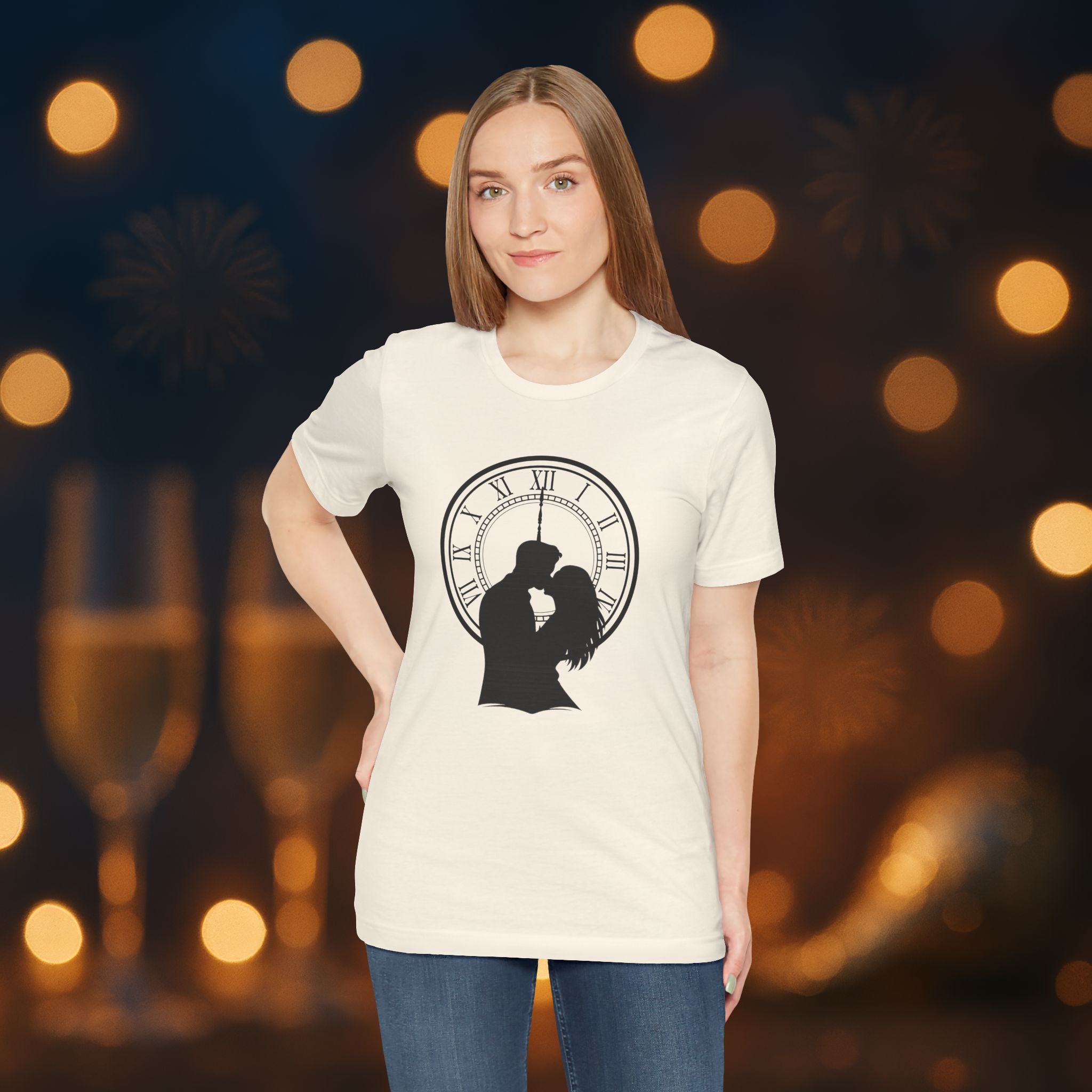 Midnight Kiss New Year’s Eve T-Shirt – Romantic Clock Silhouette Celebration Tee