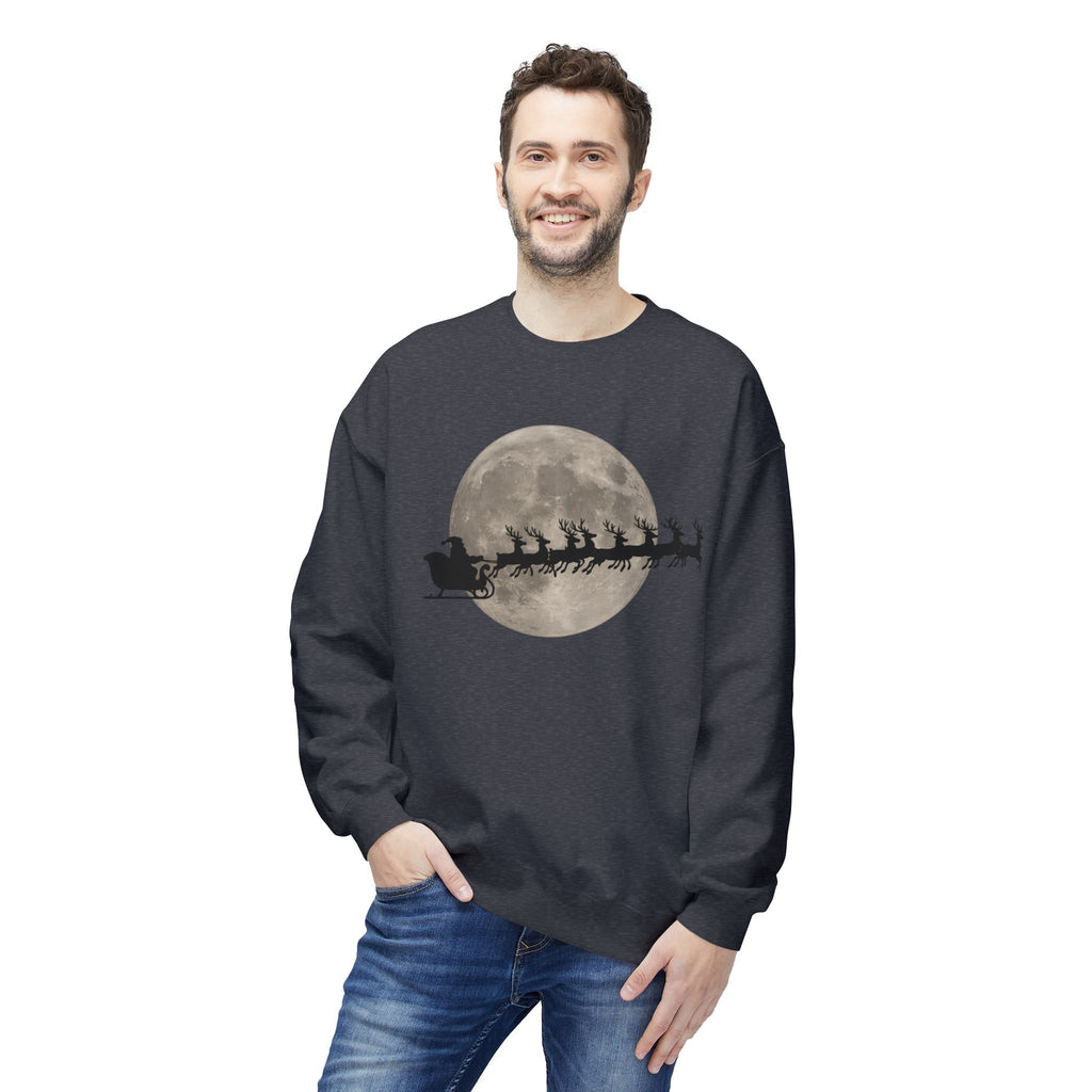 Silent Night Flight — Santa and Reindeer Full Moon Christmas Sweatshirt