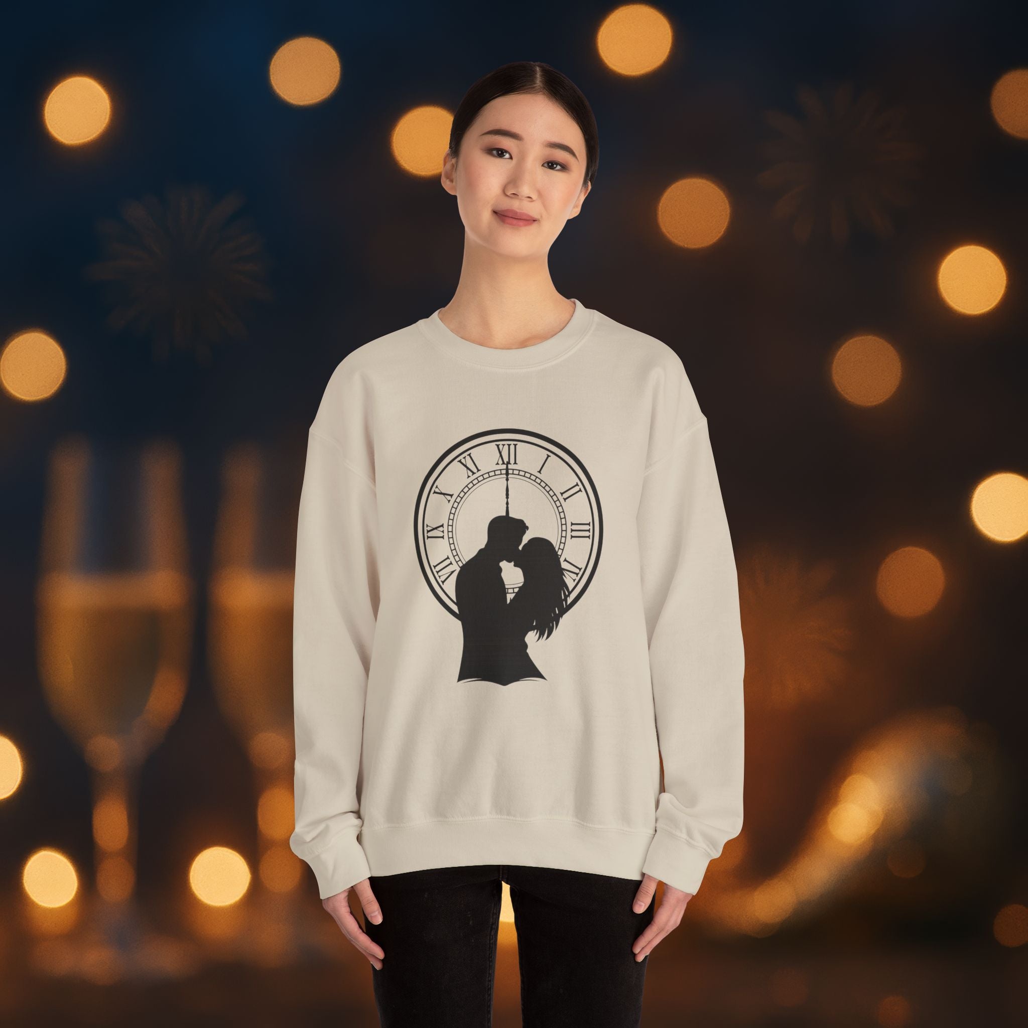 Midnight Kiss New Year’s Eve Sweatshirt – Romantic Clock Silhouette Celebration Crewneck