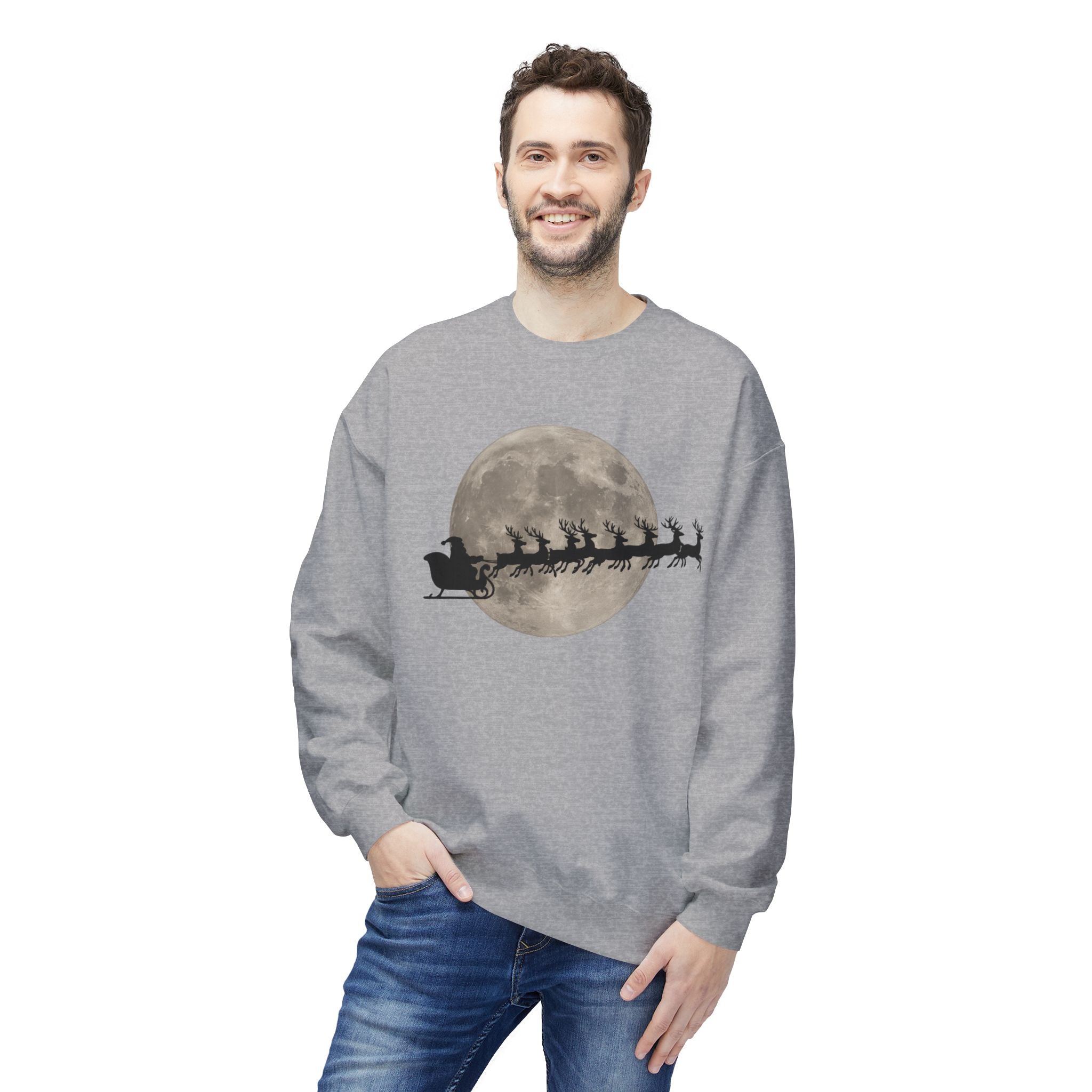 Silent Night Flight — Santa and Reindeer Full Moon Christmas Sweatshirt