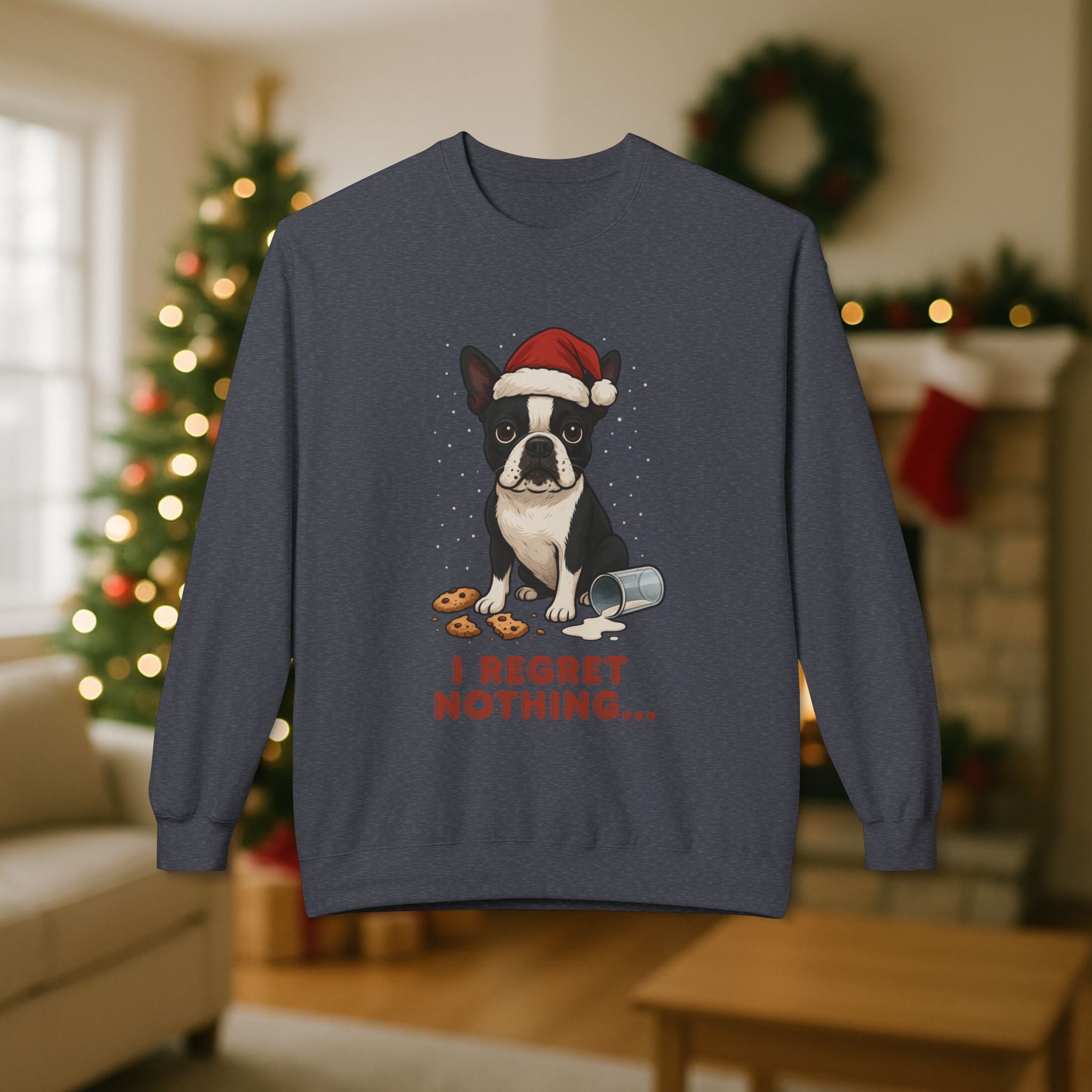 Boston Terrier “I Regret Nothing” Christmas Sweatshirt – Funny Holiday Dog Cookie Shirt
