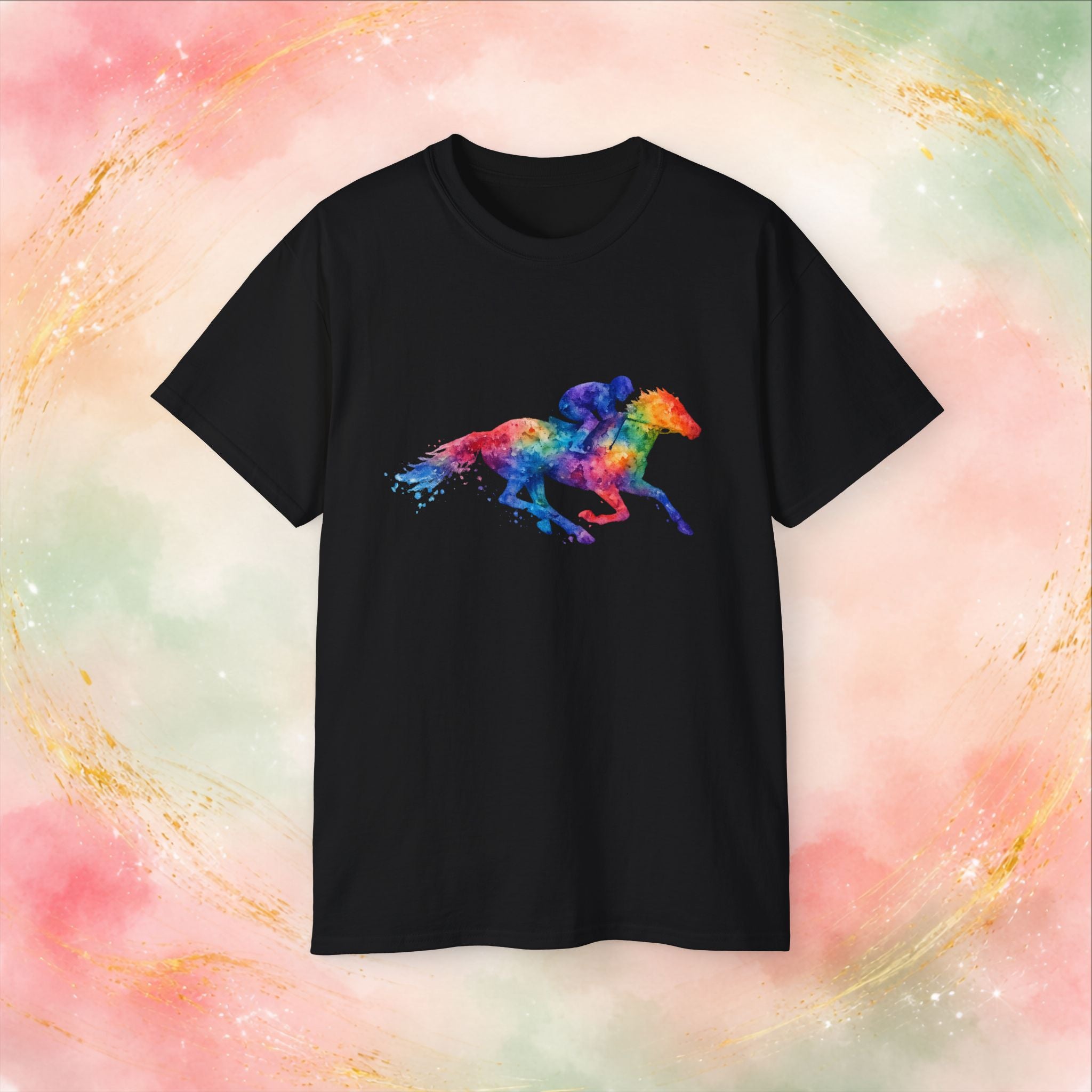 Kentucky Derby Watercolor Horse & Jockey T-Shirt | Colorful Race Day Graphic Tee