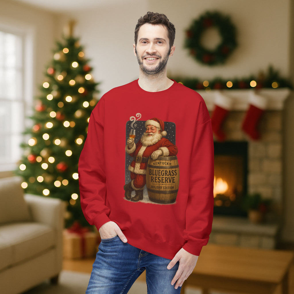 Kentucky “Bluegrass Reserve” Santa Bourbon Christmas Sweatshirt – Vintage Holiday Distillery Graphic