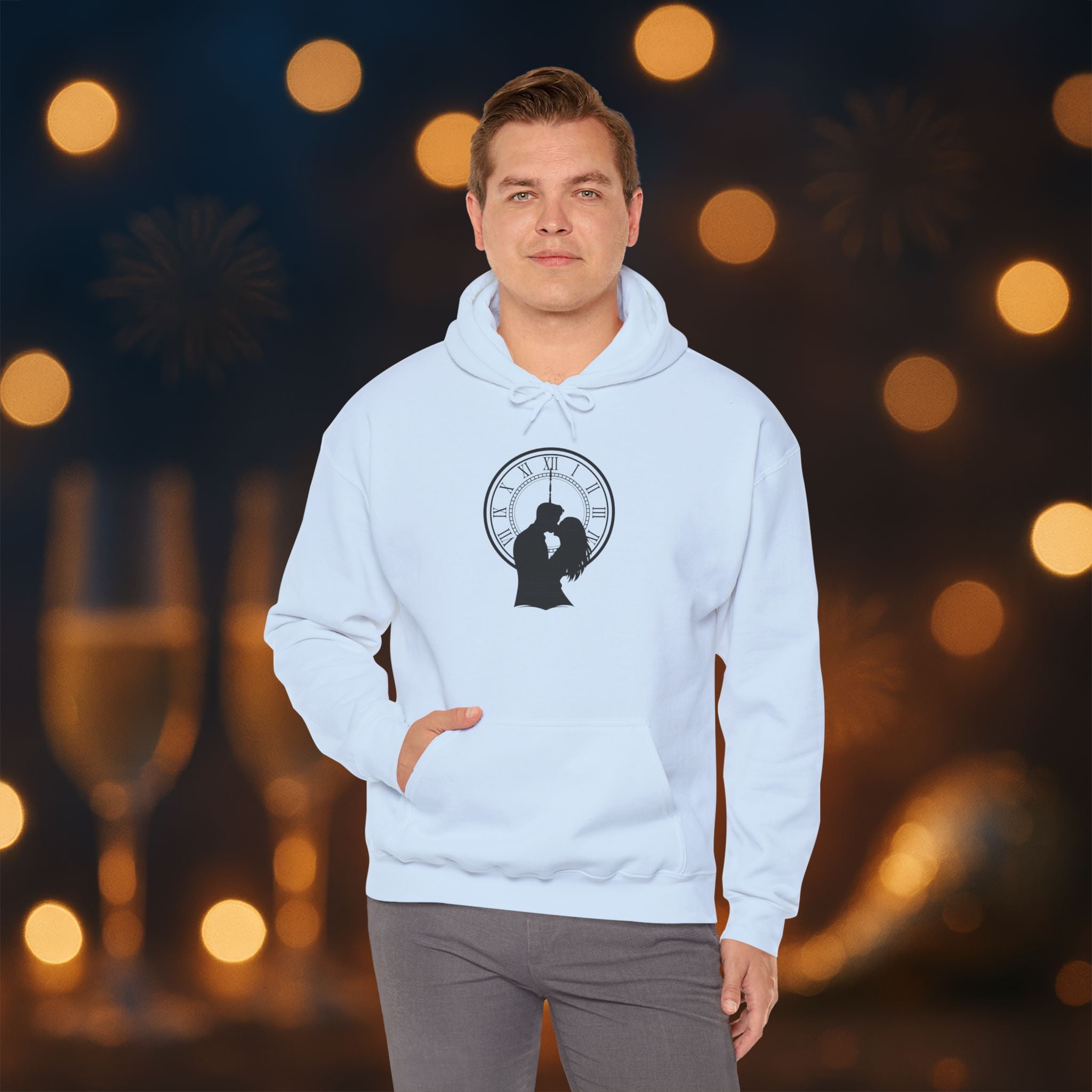 Midnight Kiss New Year’s Eve Hoodie – Romantic Clock Silhouette Pullover