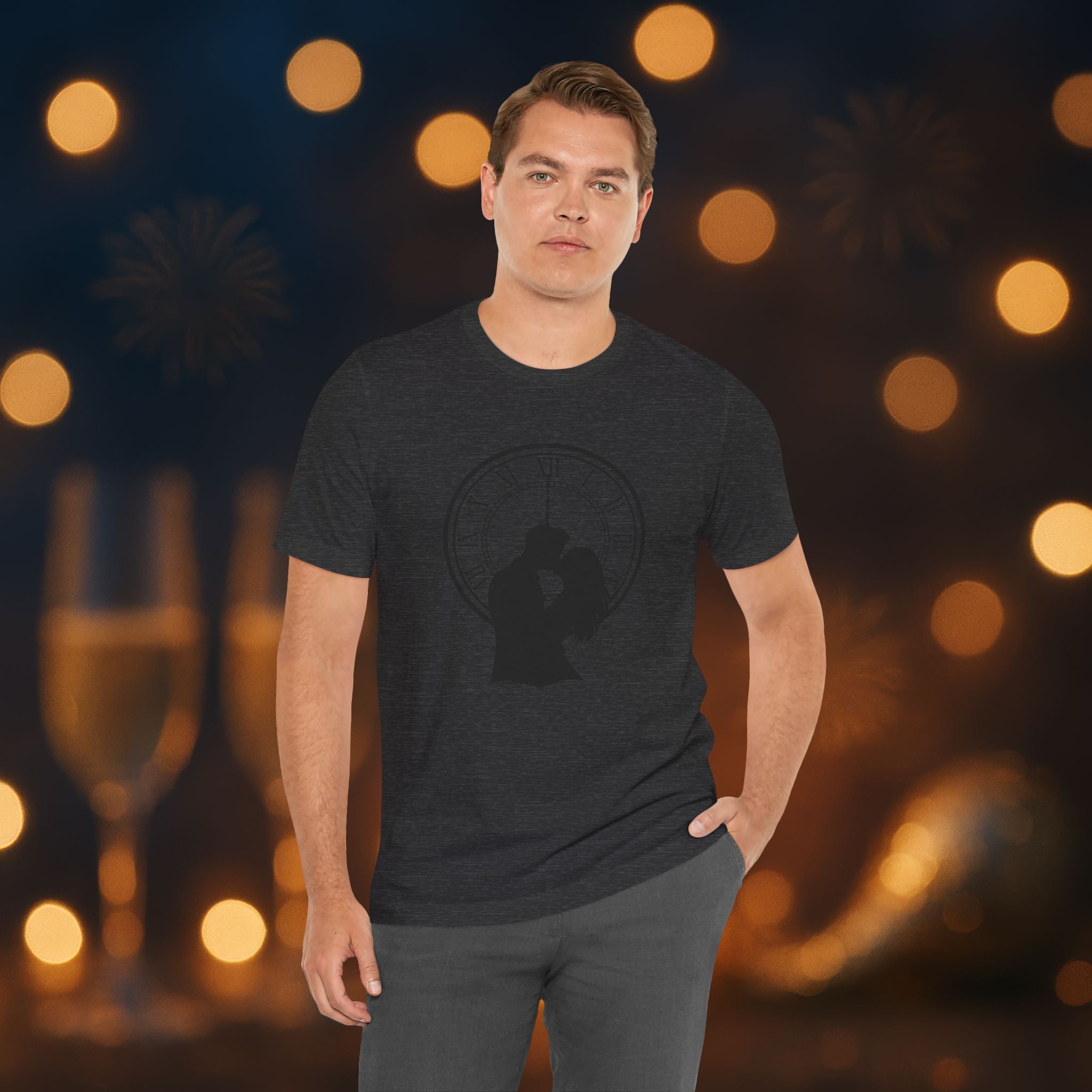 Midnight Kiss New Year’s Eve T-Shirt – Romantic Clock Silhouette Celebration Tee