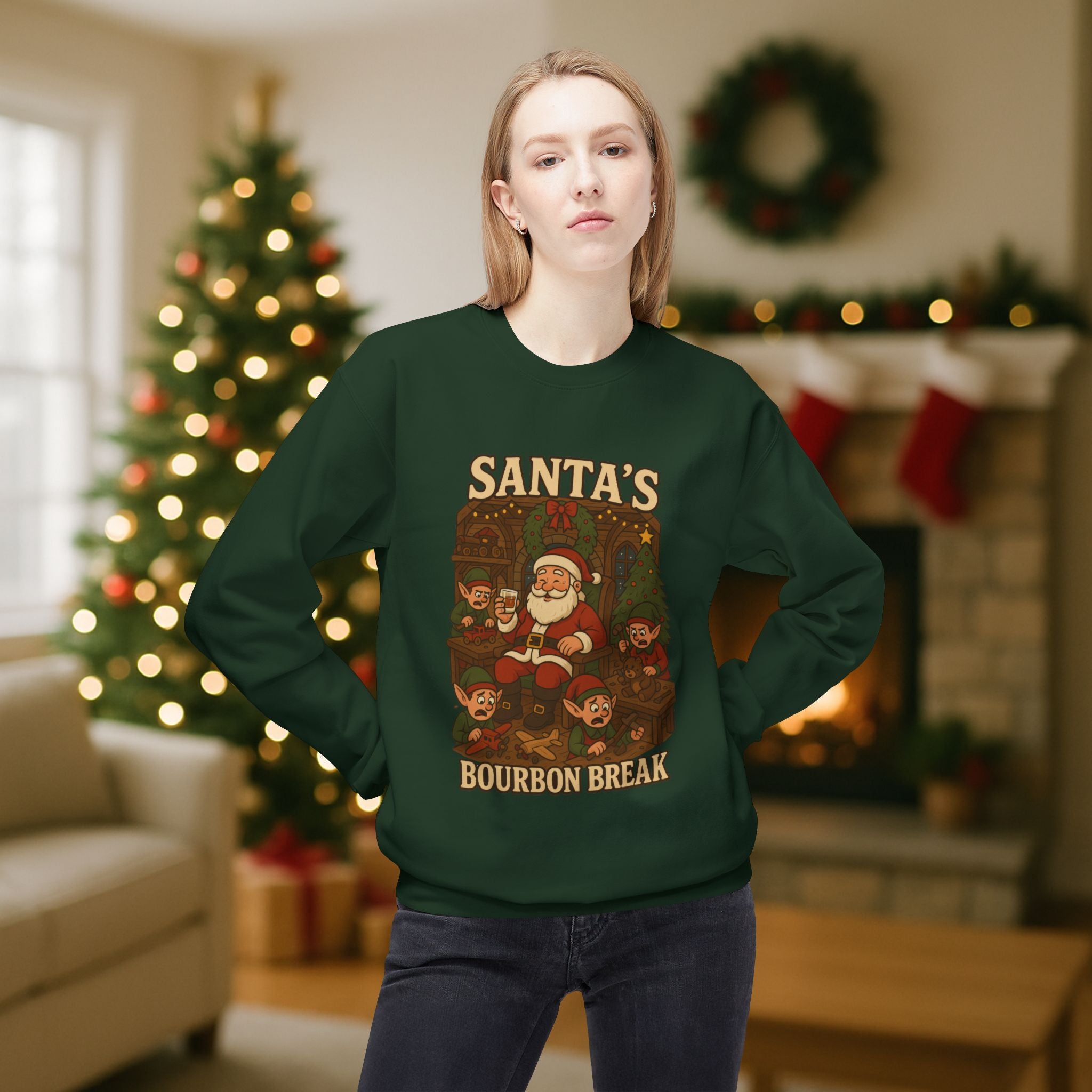 Santa’s Bourbon Break Christmas Sweatshirt – Funny Bourbon Lover Holiday Crewneck for Kentucky Bourbon Fans & Festive Christmas Gift