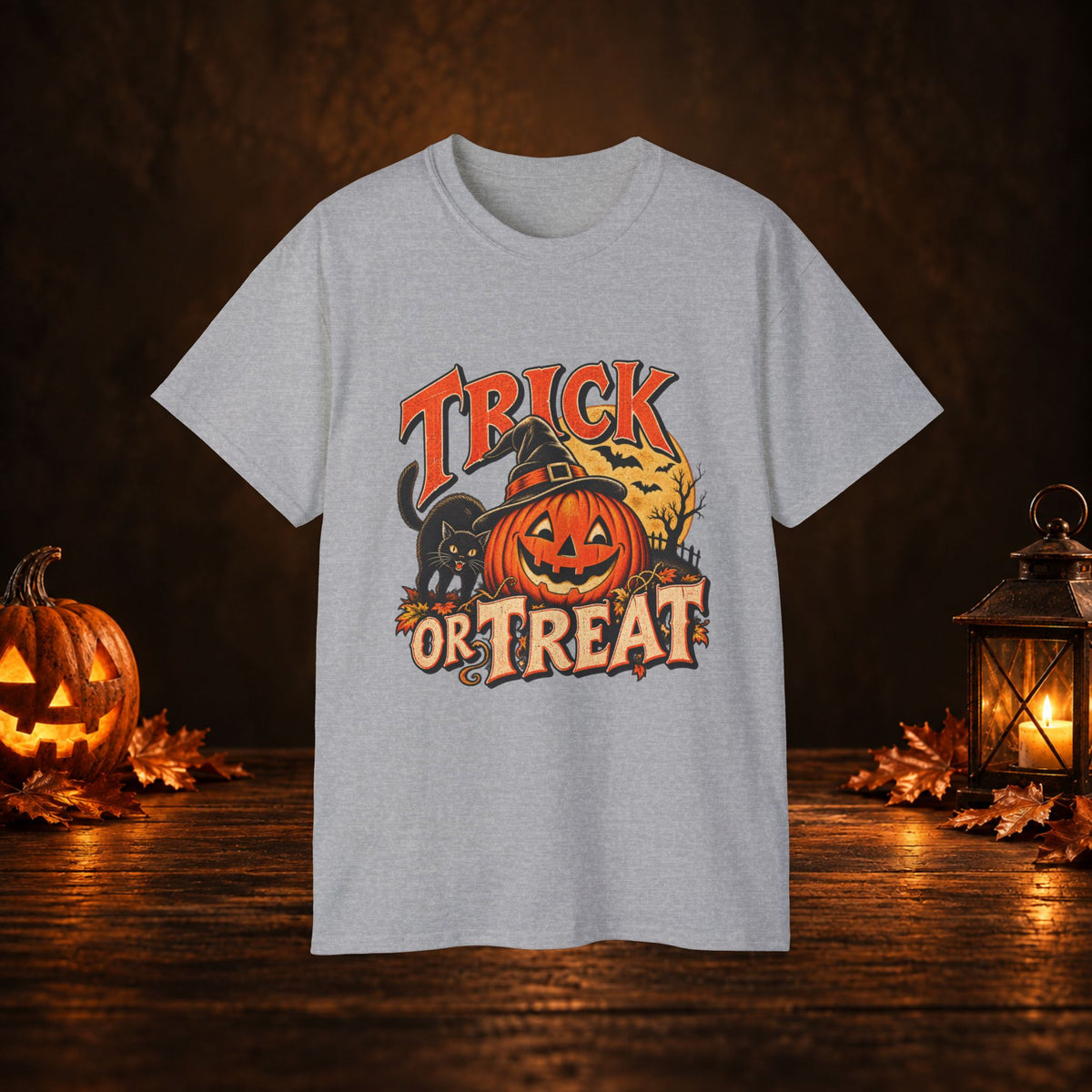 Trick or Treat Halloween T-Shirt – Pumpkin, Black Cat & Full Moon Tee