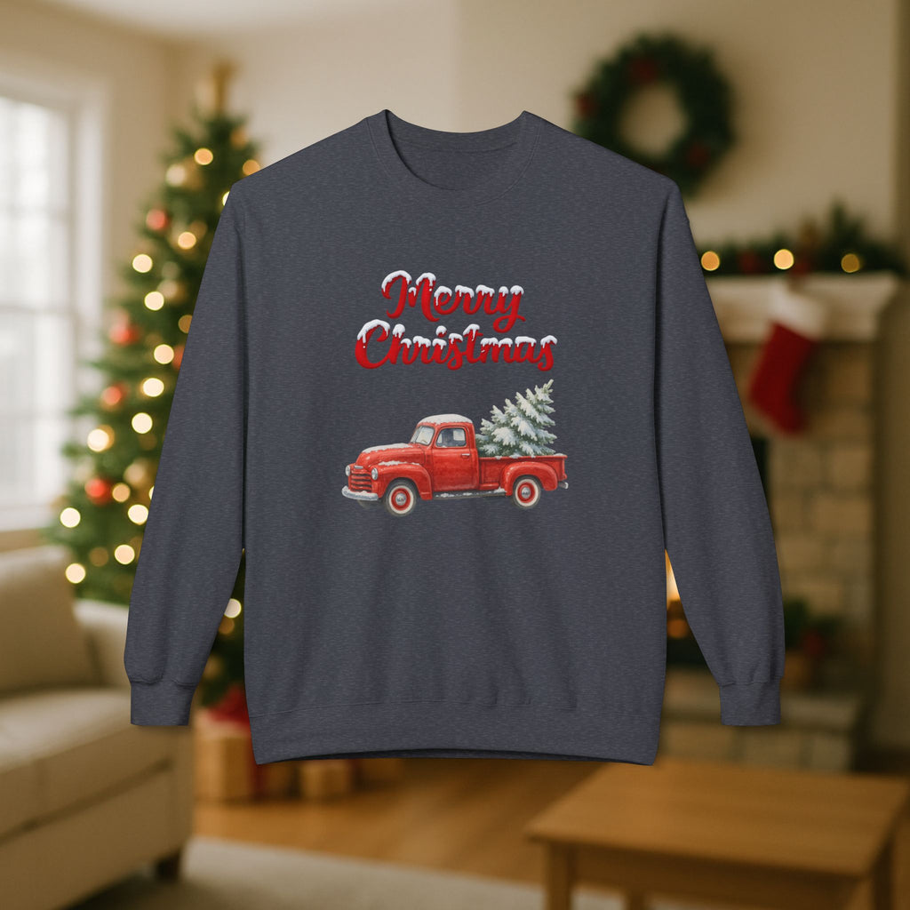 Merry Christmas Red Vintage Truck Sweatshirt – Cozy Holiday Crewneck with Christmas Tree Design