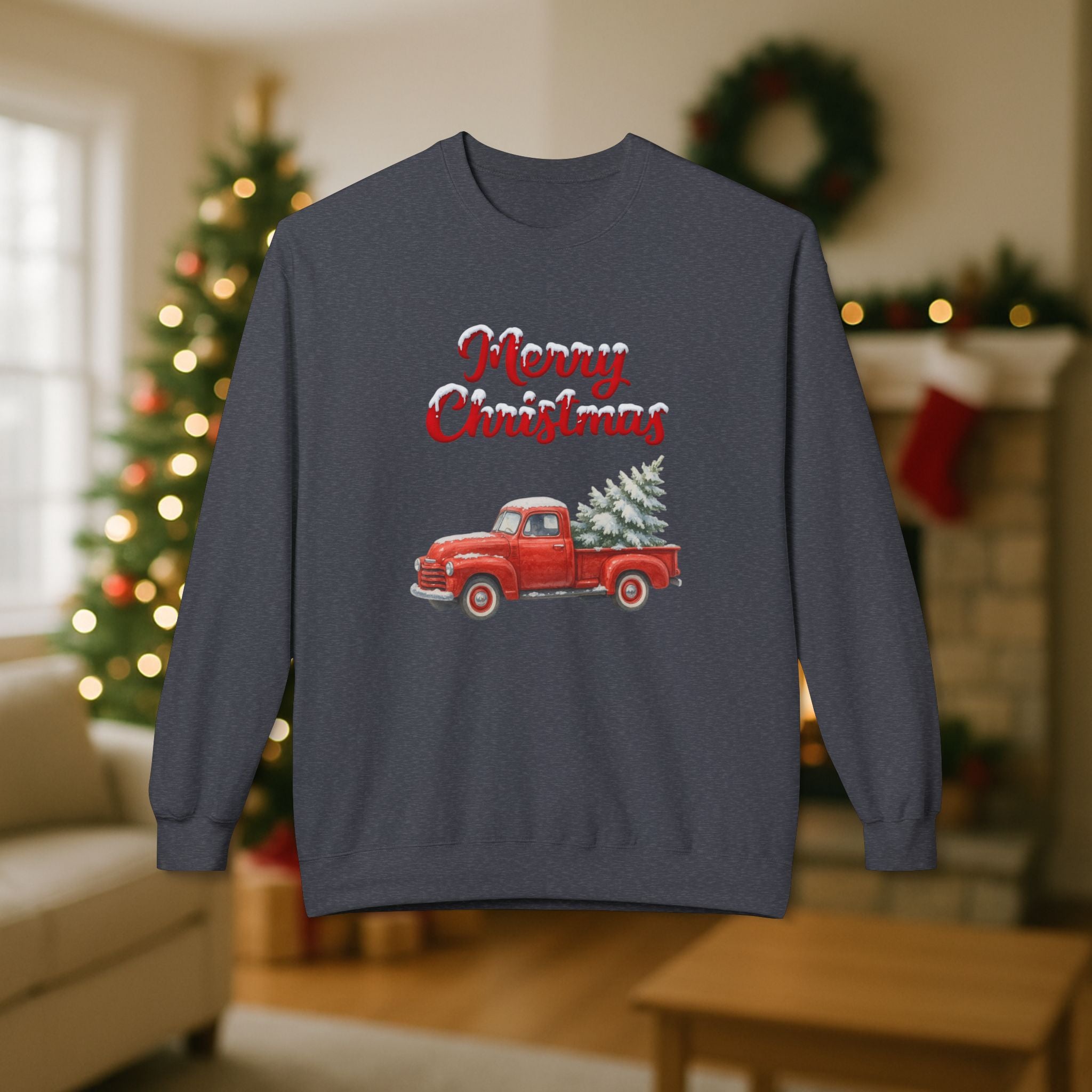 Merry Christmas Red Vintage Truck Sweatshirt – Cozy Holiday Crewneck with Christmas Tree Design