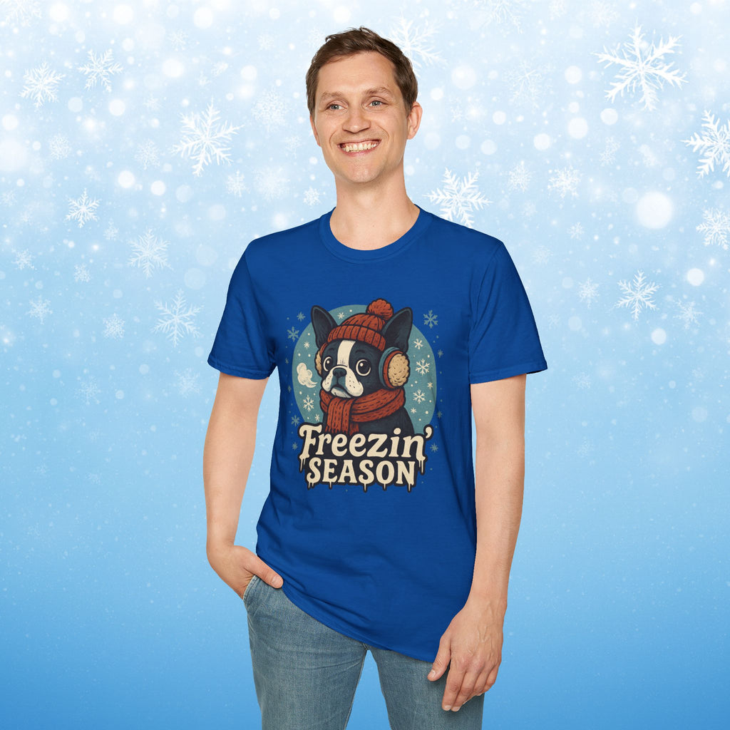 Freezin’ Season Boston Terrier Winter T-Shirt – Cute Dog Lover Tee, Cozy Holiday Graphic Shirt