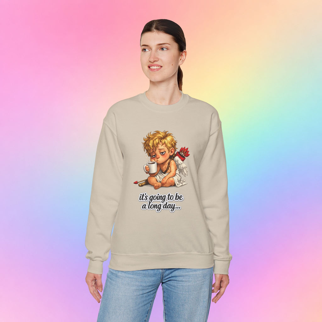 It’s Going to Be a Long Day Cupid Valentine’s Day Sweatshirt – Funny Coffee Angel Pullover