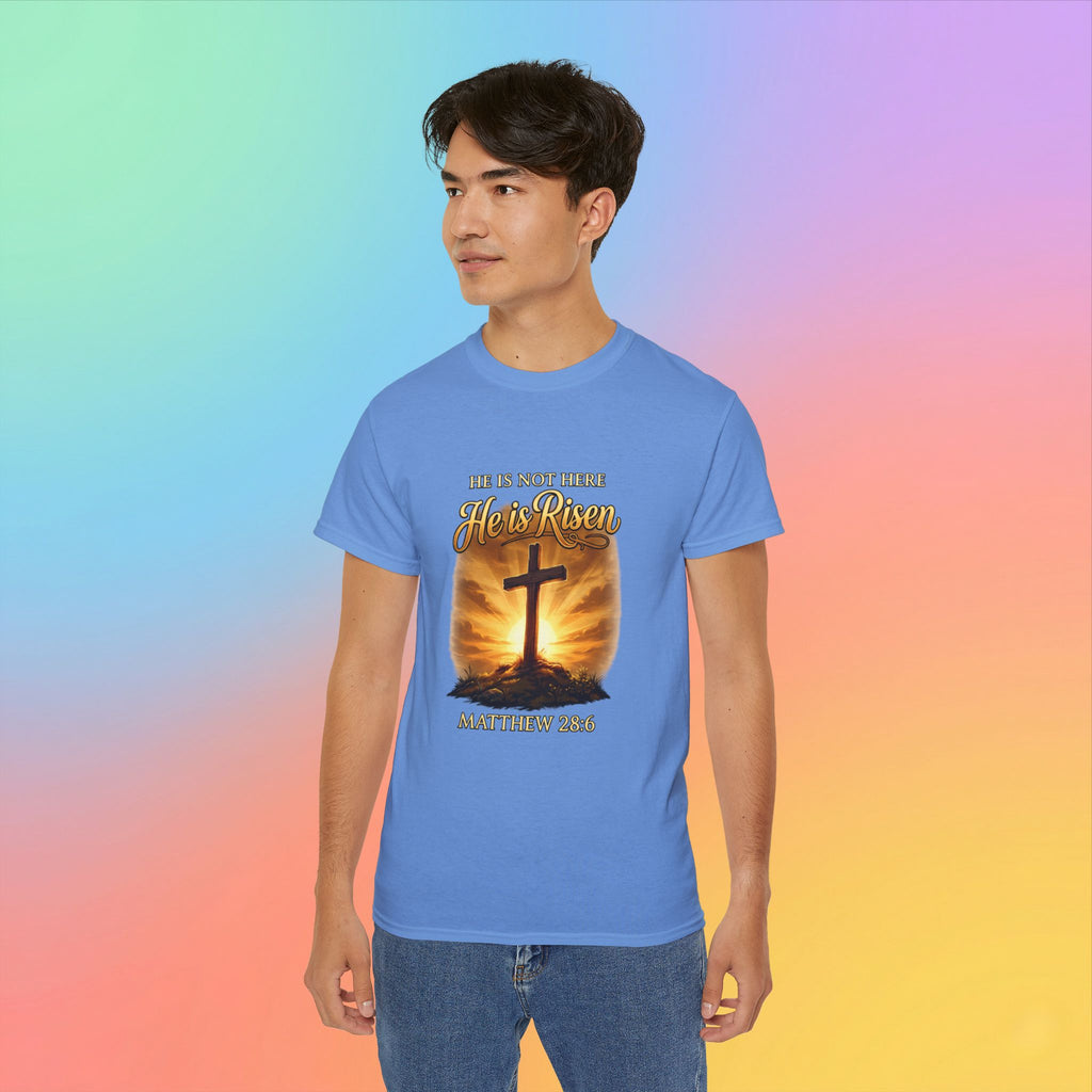 Christian Easter Shirt – He Is Risen Matthew 28:6 Cross Resurrection T-Shirt Faith-Based Easter Apparel