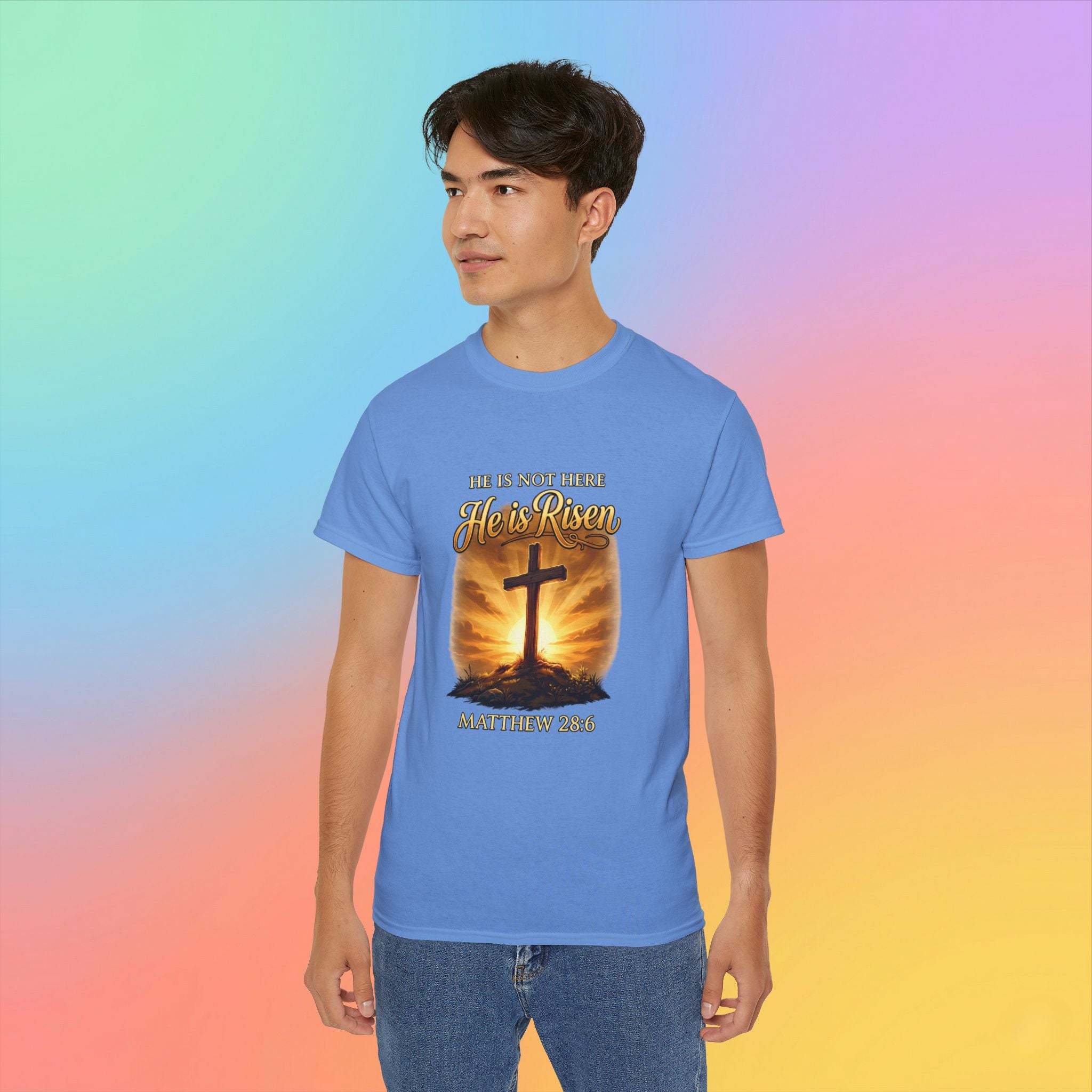 Christian Easter Shirt – He Is Risen Matthew 28:6 Cross Resurrection T-Shirt Faith-Based Easter Apparel